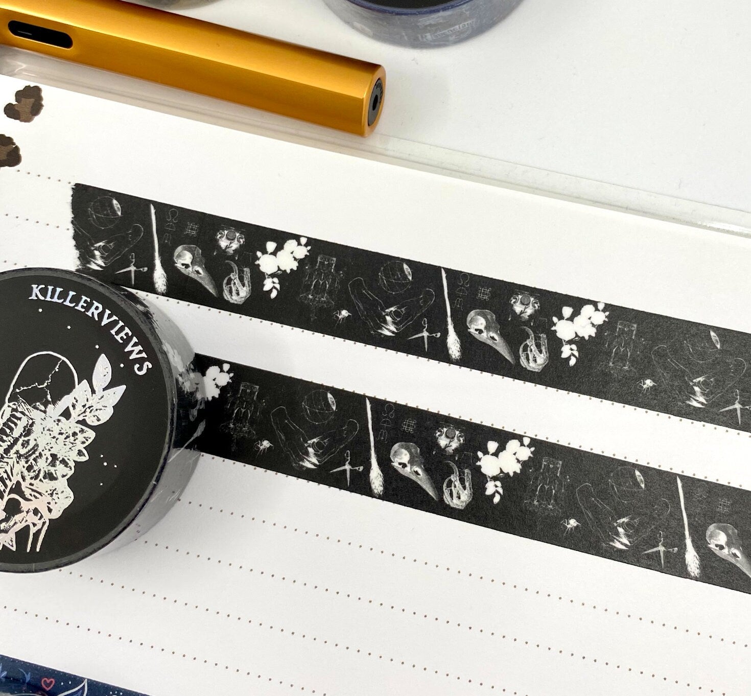 Black witch sketch design Washi tape skulls claws black base colour 15mm