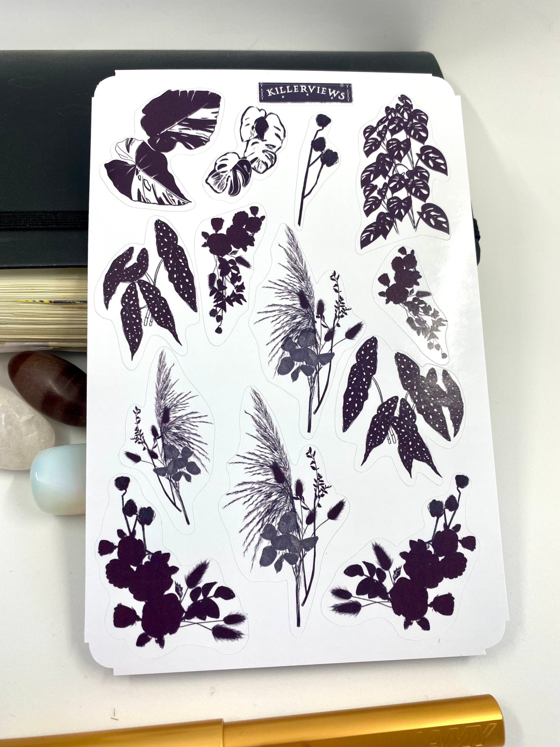Black Monochrome floral plants Planner sticker sheet for bullet journal kit and journal