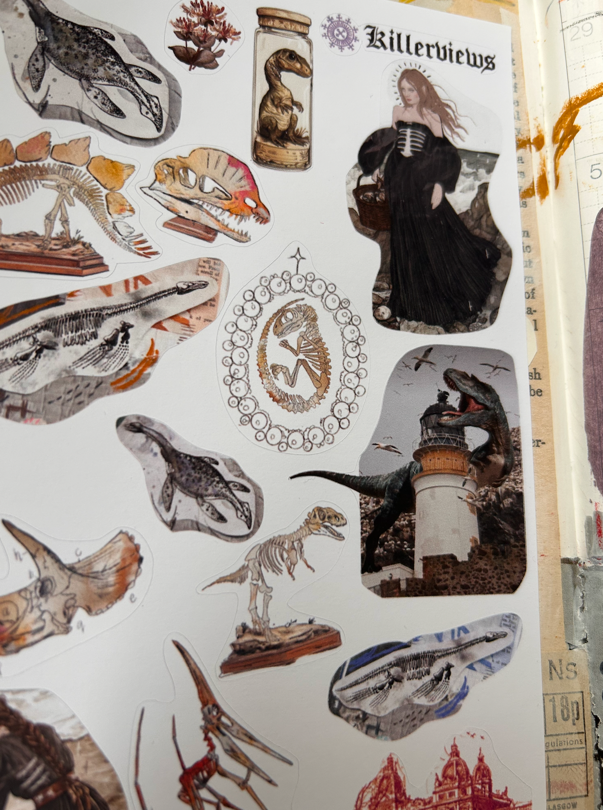 Fossil Witch Sticker Sheet – Dinosaurs, Dark Academia & Gothic Curiosity