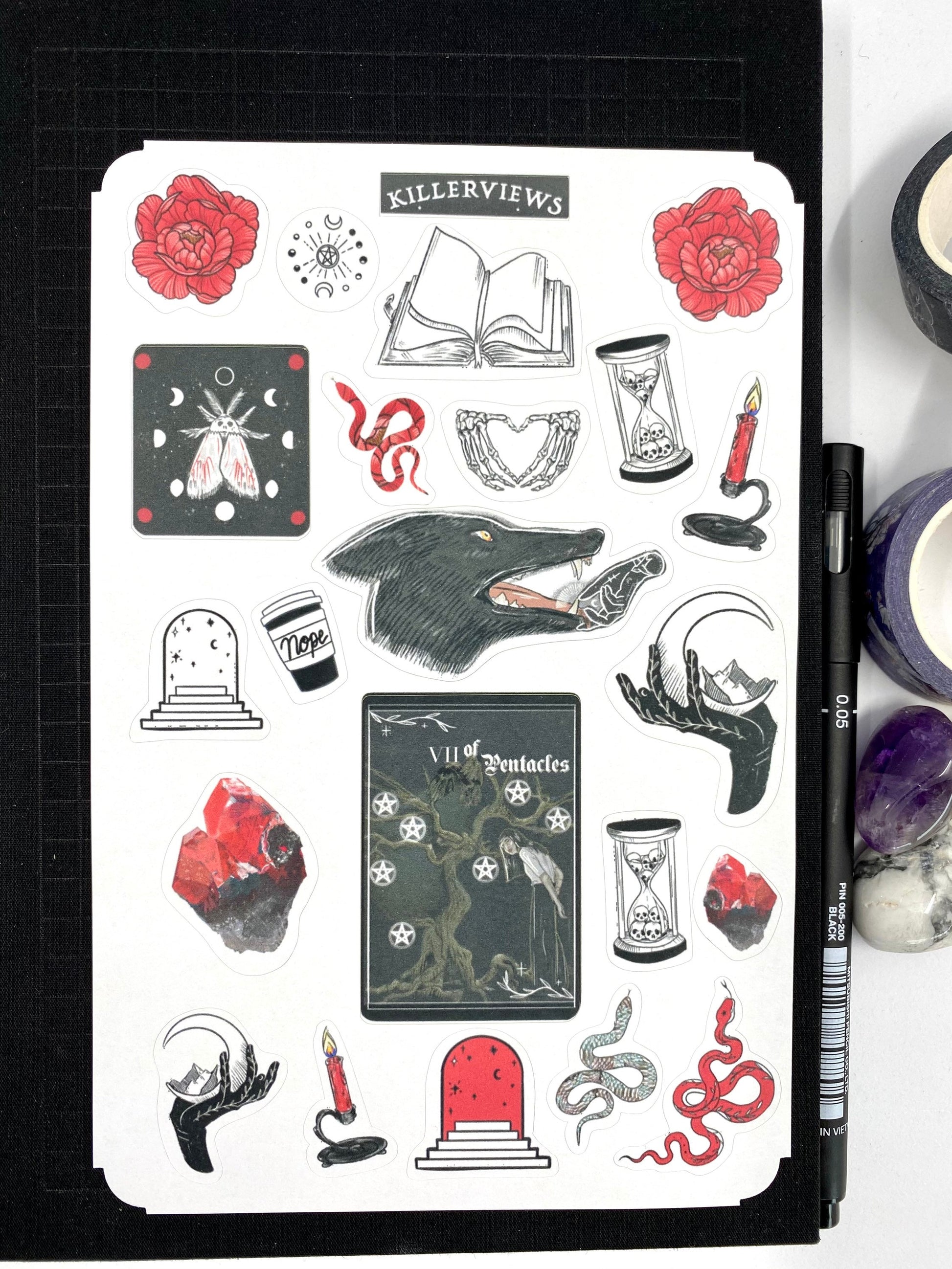 Red witch theme sticker sheet for bullet journal kit and planner- witchcraft Wiccan celestial