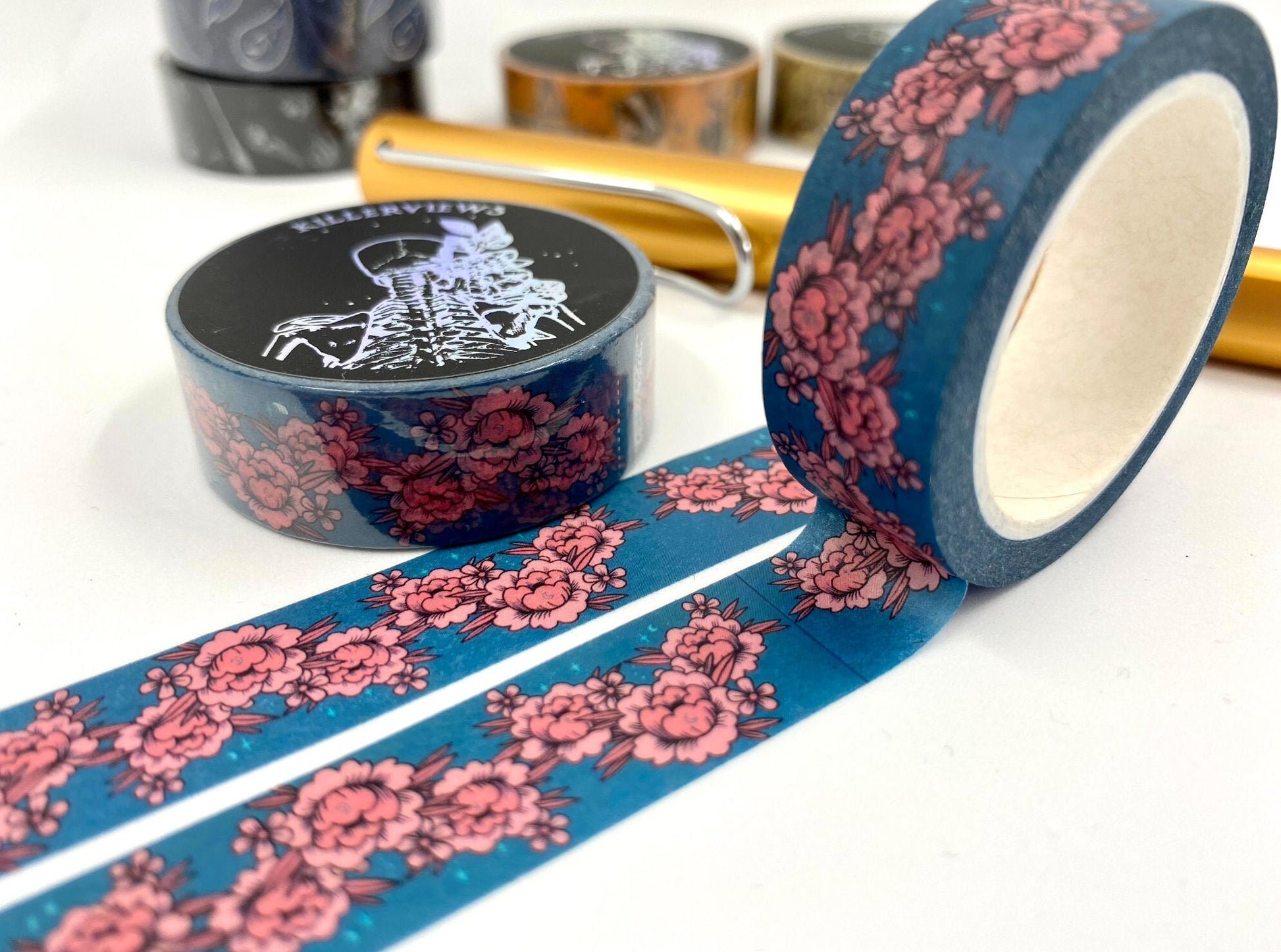 Floral celestial design pink flowers and blue base colour 15mm