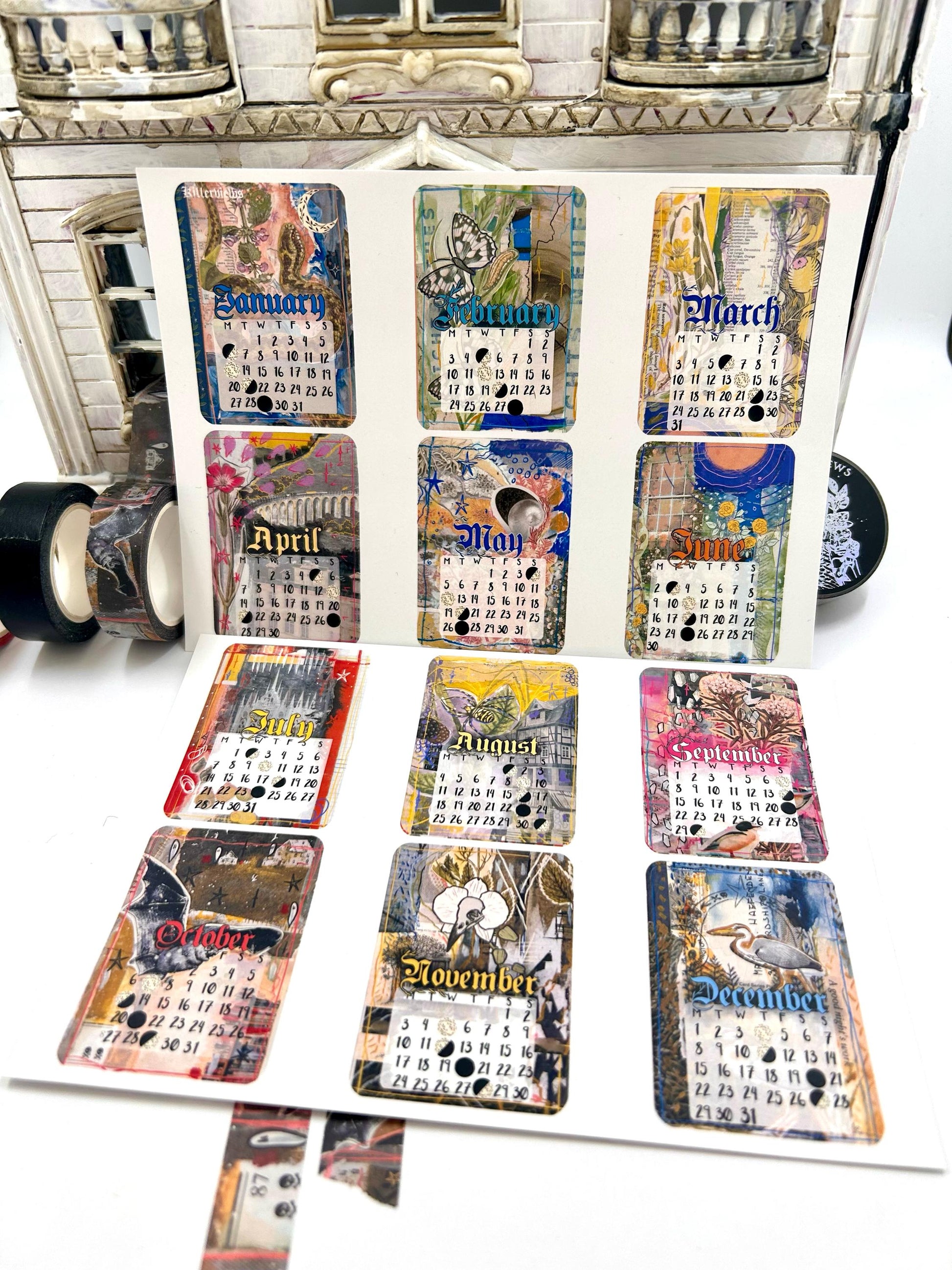 Art Collage style 2025 Lunar Calendar month Stickers for journal January 2025 December 25 with moon phases planner stationery celestial