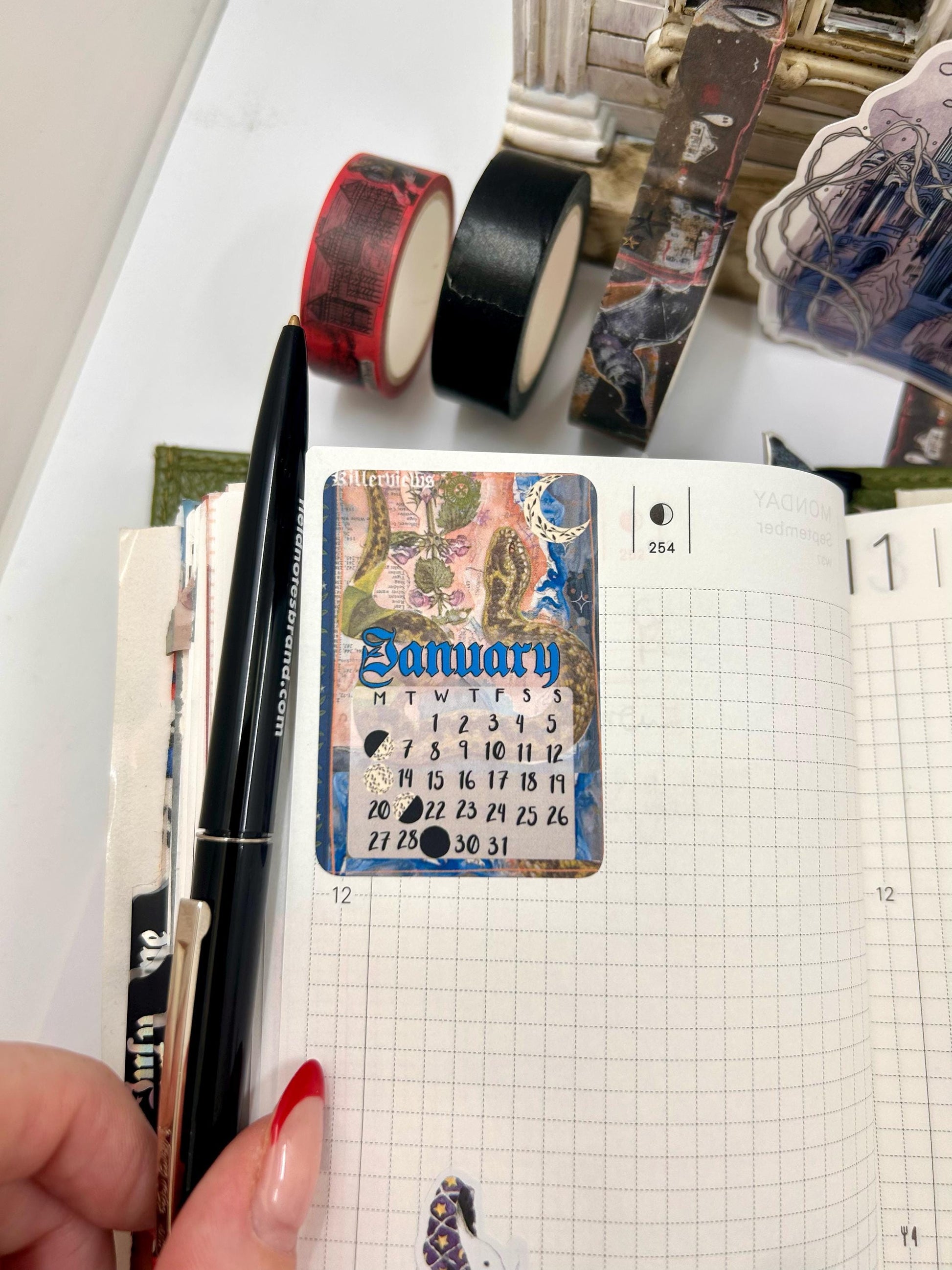 Art Collage style 2025 Lunar Calendar month Stickers for journal January 2025 December 25 with moon phases planner stationery celestial