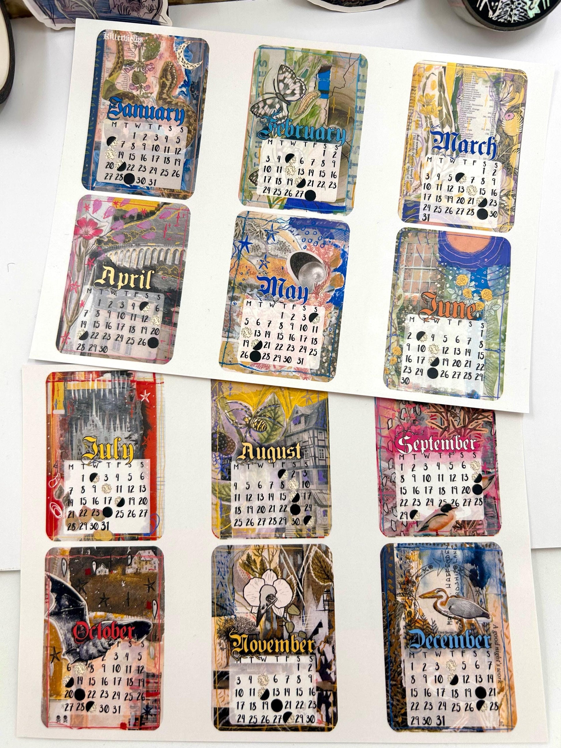 Art Collage style 2025 Lunar Calendar month Stickers for journal January 2025 December 25 with moon phases planner stationery celestial