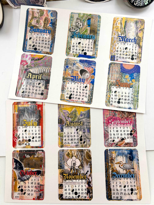 Art Collage style 2025 Lunar Calendar month Stickers for journal January 2025 December 25 with moon phases planner stationery celestial