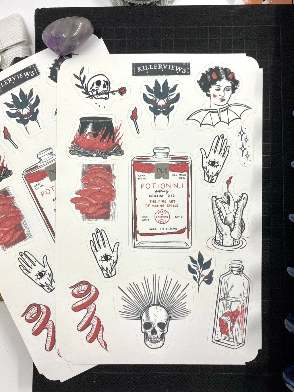 Red Potion and skulls Planner sticker sheet for bullet journal kit and planner- witchcraft Wiccan celestial love potion