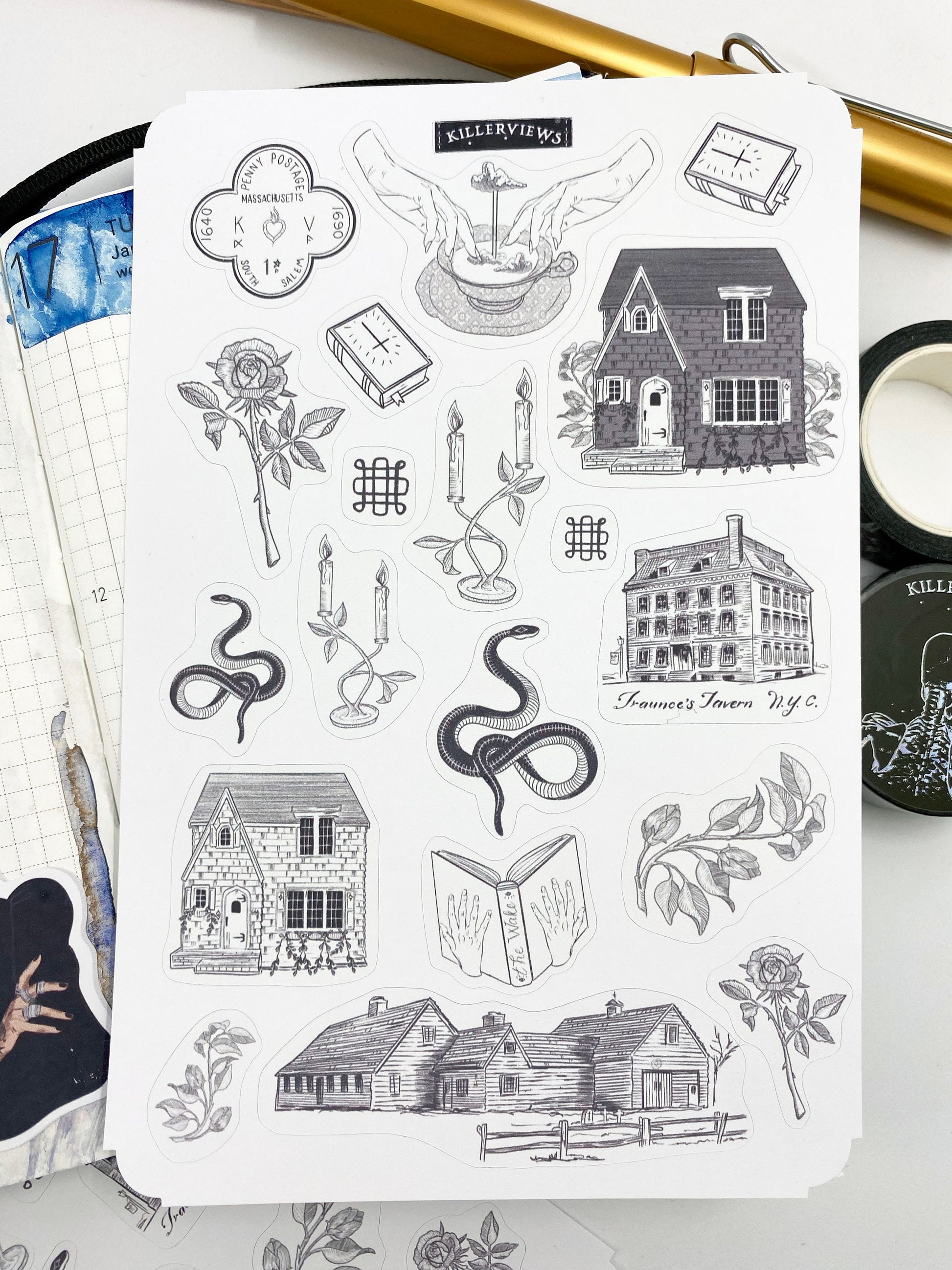 Salem Witch Massachusetts inspired sticker sheet for bullet journal kit and planner-   snakes bones