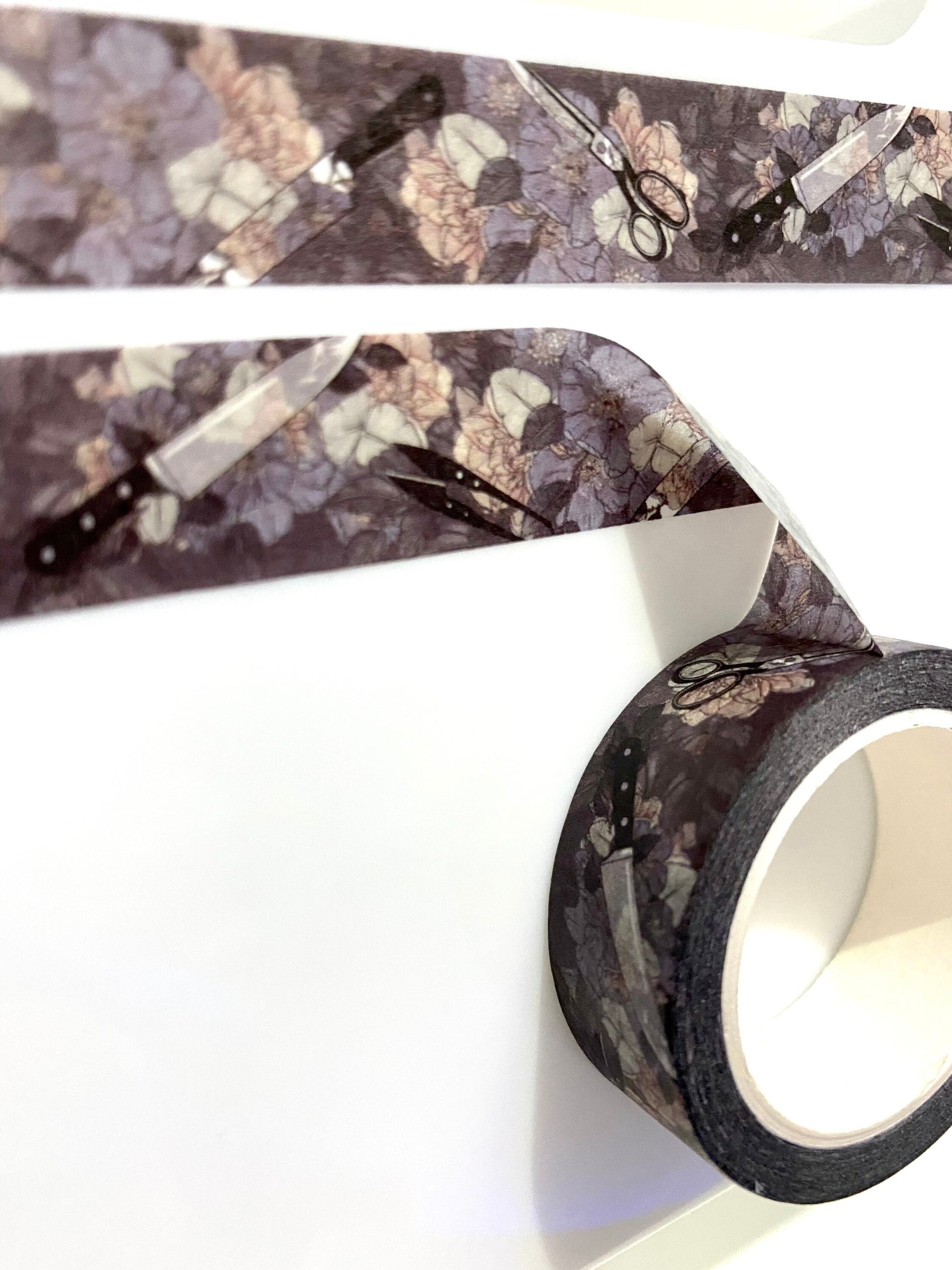 Scissors and knife floral design Washi tape in navy base colour 15mm
