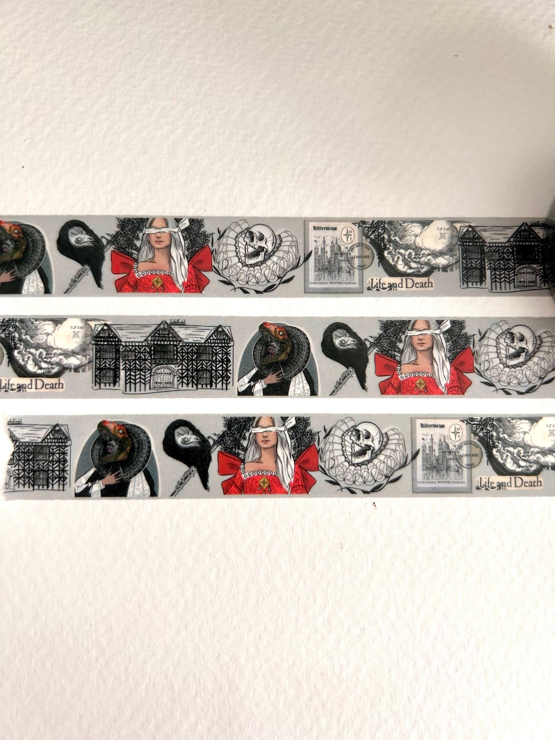 Grey Tudor witch design Washi tape  colour  base colour 15mm