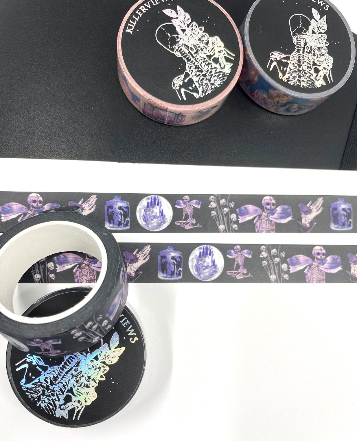 Amethyst witch skeleton design Washi tape in black base colour 15mm