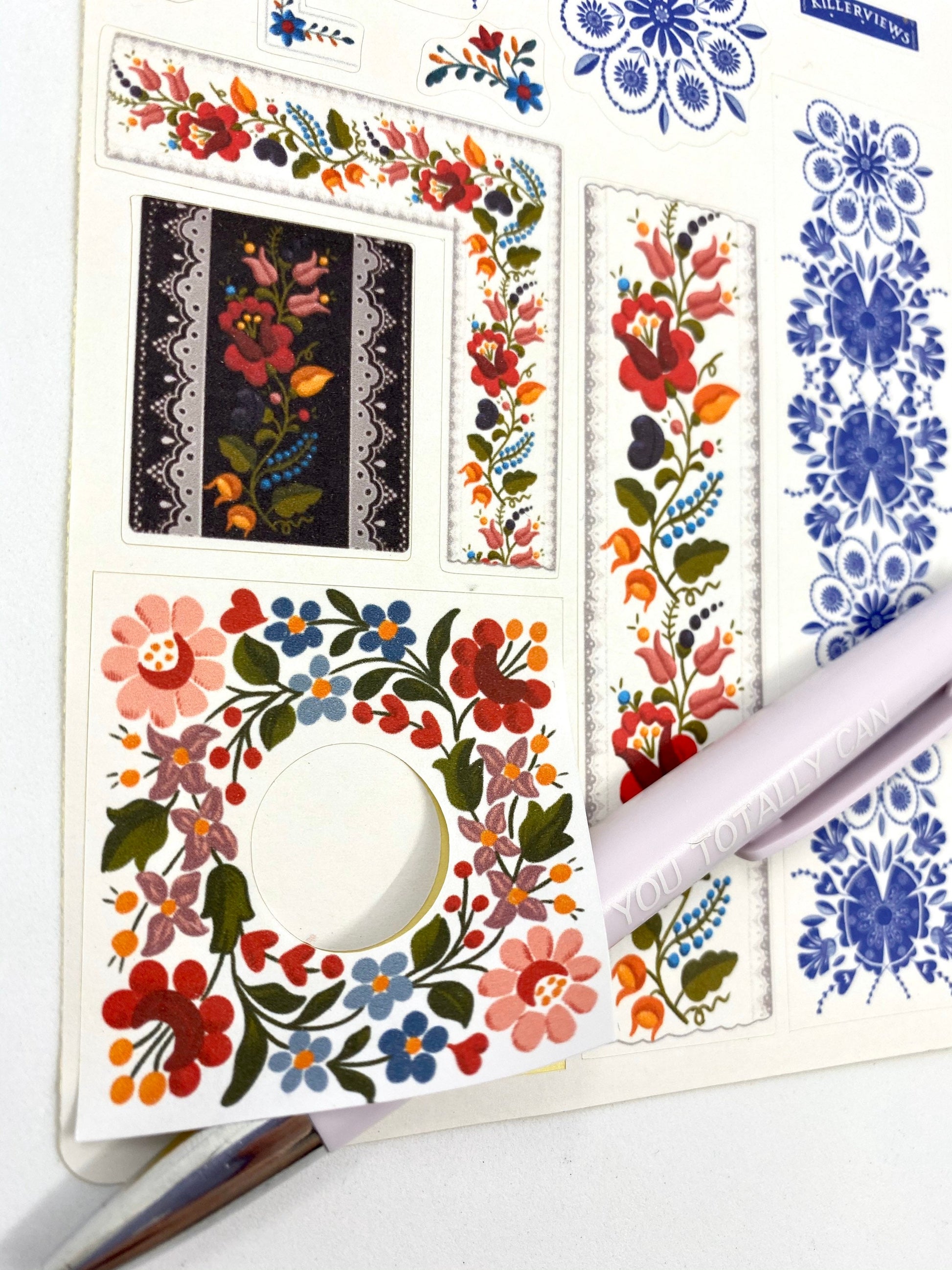 Hungarian folk art sticker sheet for bullet journal kit and planner embroidery craft colourful floral