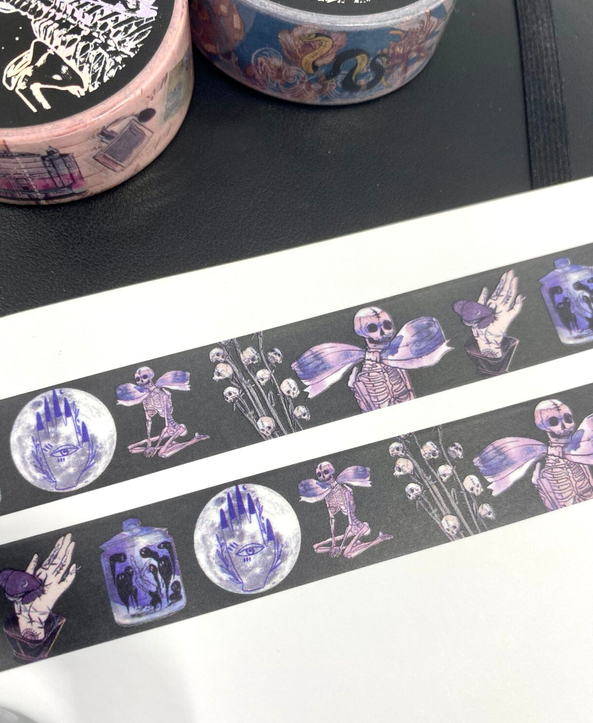 Amethyst witch skeleton design Washi tape in black base colour 15mm