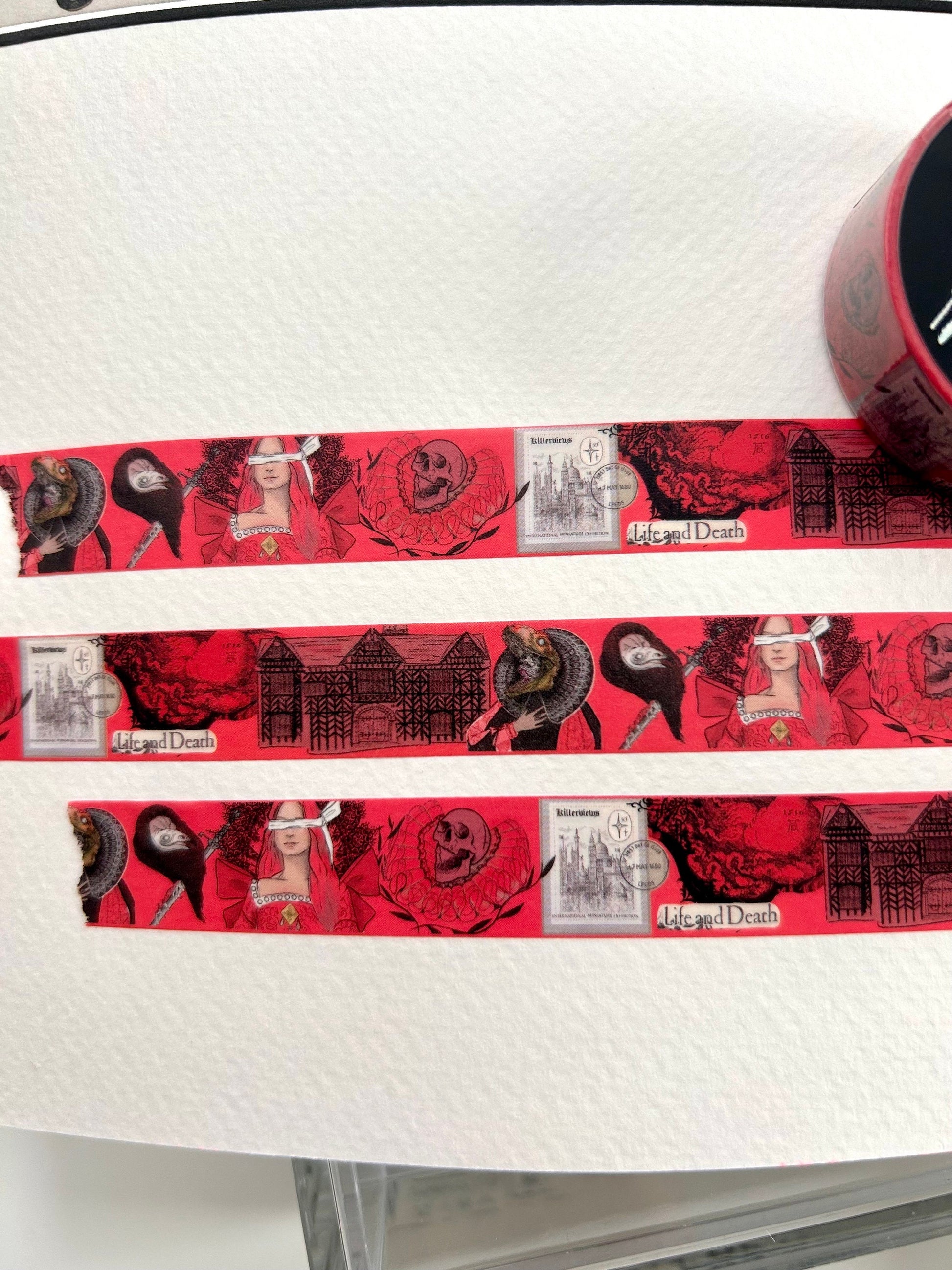 Red Tudor witch design Washi tape  colour  base colour 15mm