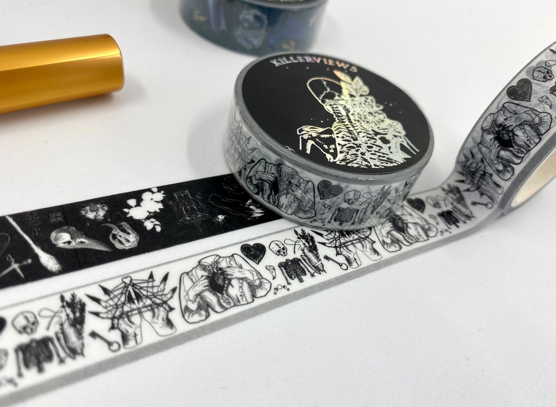 White witch skulls sketch design Washi tape black heart skulls white base colour 15mm