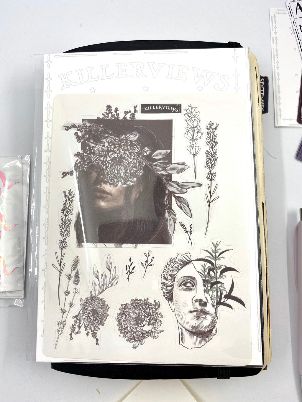 Monochrome floral flash sticker sheet for bullet journal kit and planner- art sculpture flowers clean theme