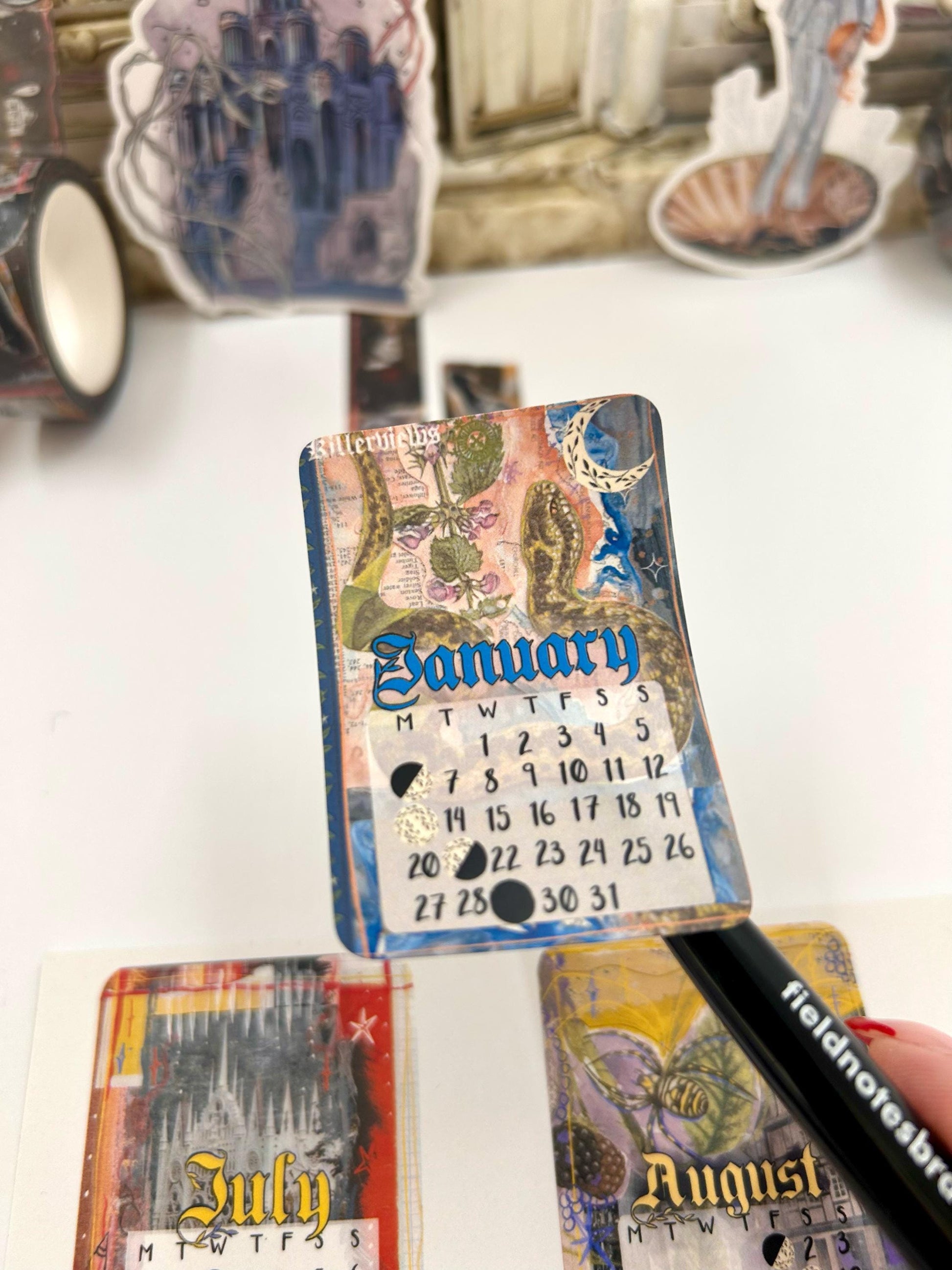 Art Collage style 2025 Lunar Calendar month Stickers for journal January 2025 December 25 with moon phases planner stationery celestial