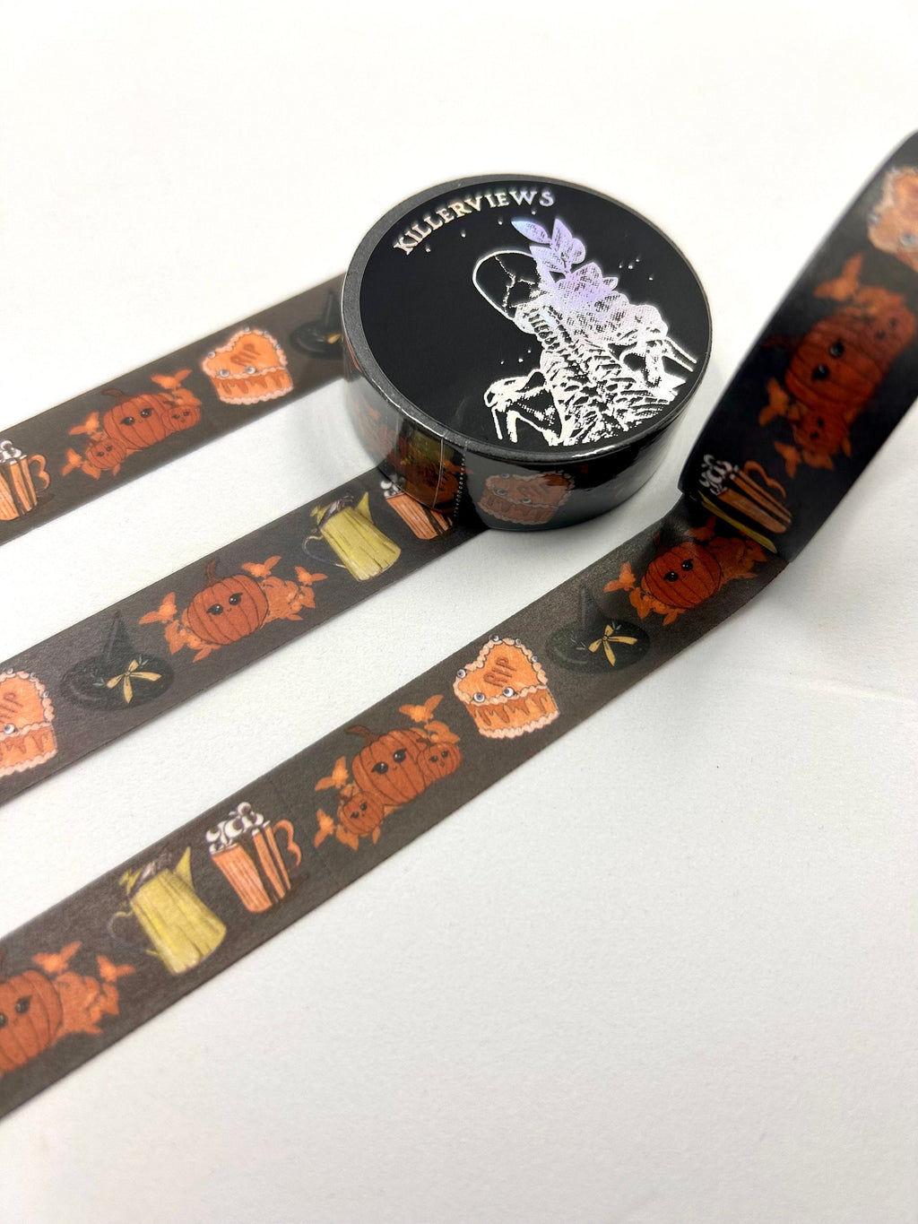 Pumpkin latte design Washi tape in charcoal base colour 15mm Halloween witch