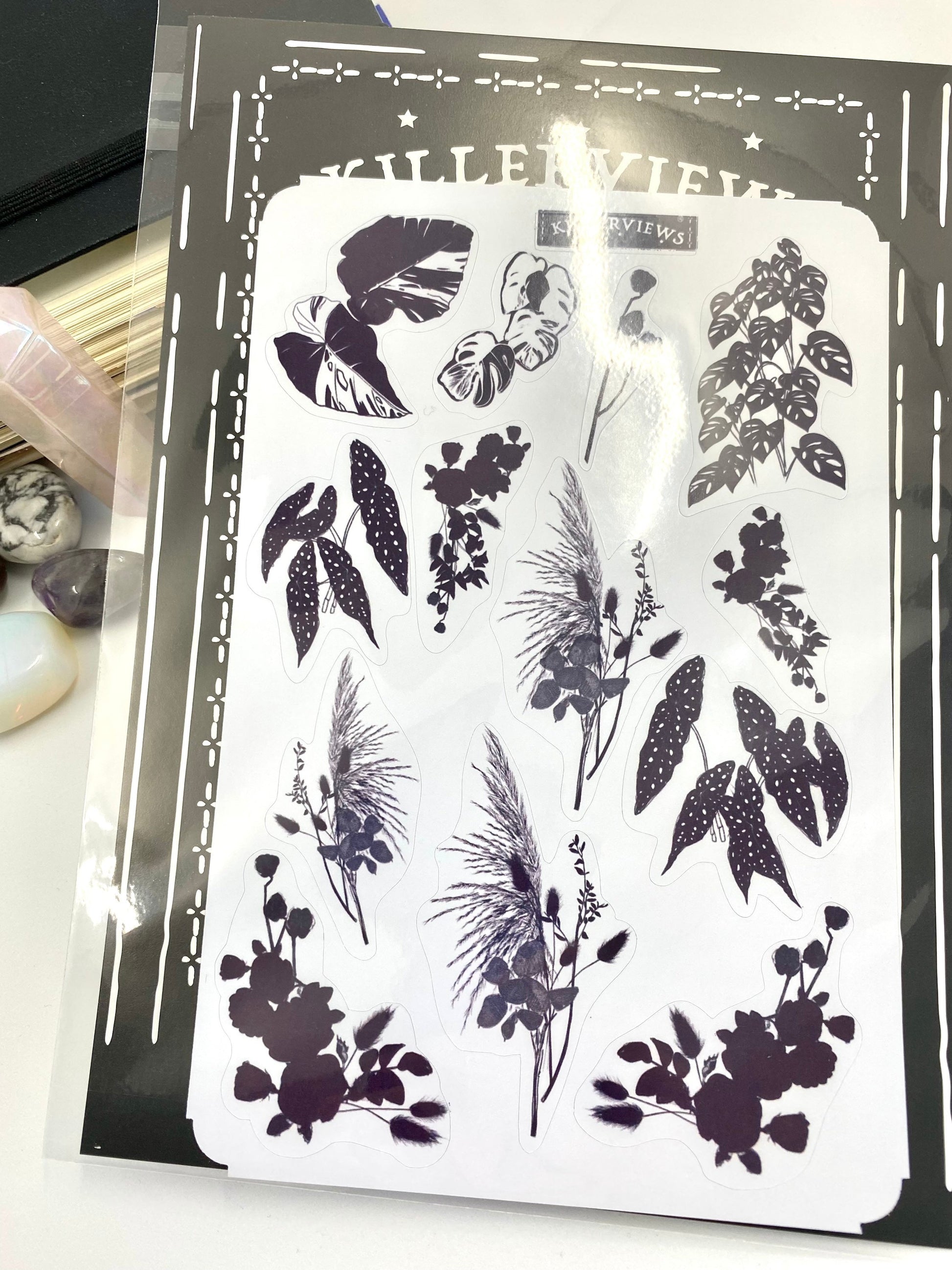Black Monochrome floral plants Planner sticker sheet for bullet journal kit and journal