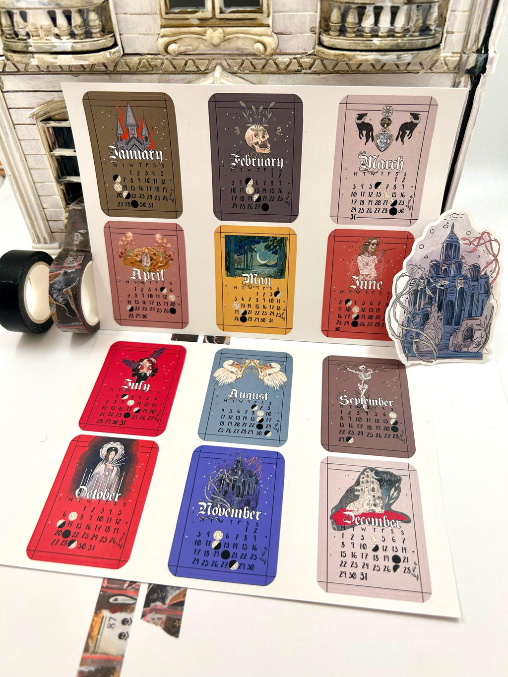 Tarot style 2025 Lunar Calendar month Stickers for journal January 2025 December 25 with moon phases planner bujo celestial