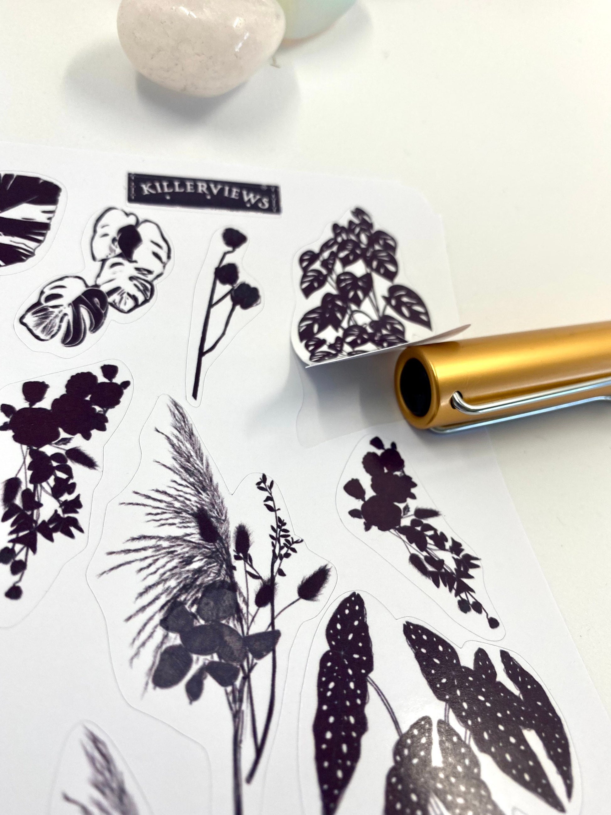 Black Monochrome floral plants Planner sticker sheet for bullet journal kit and journal