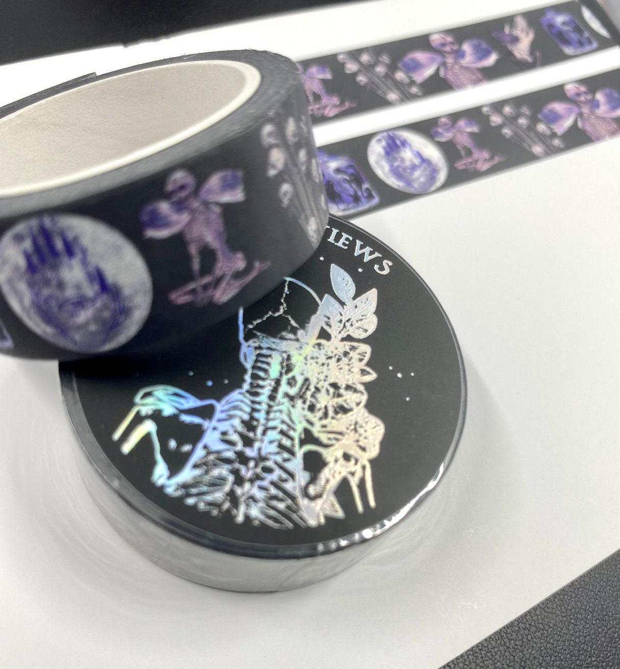 Amethyst witch skeleton design Washi tape in black base colour 15mm