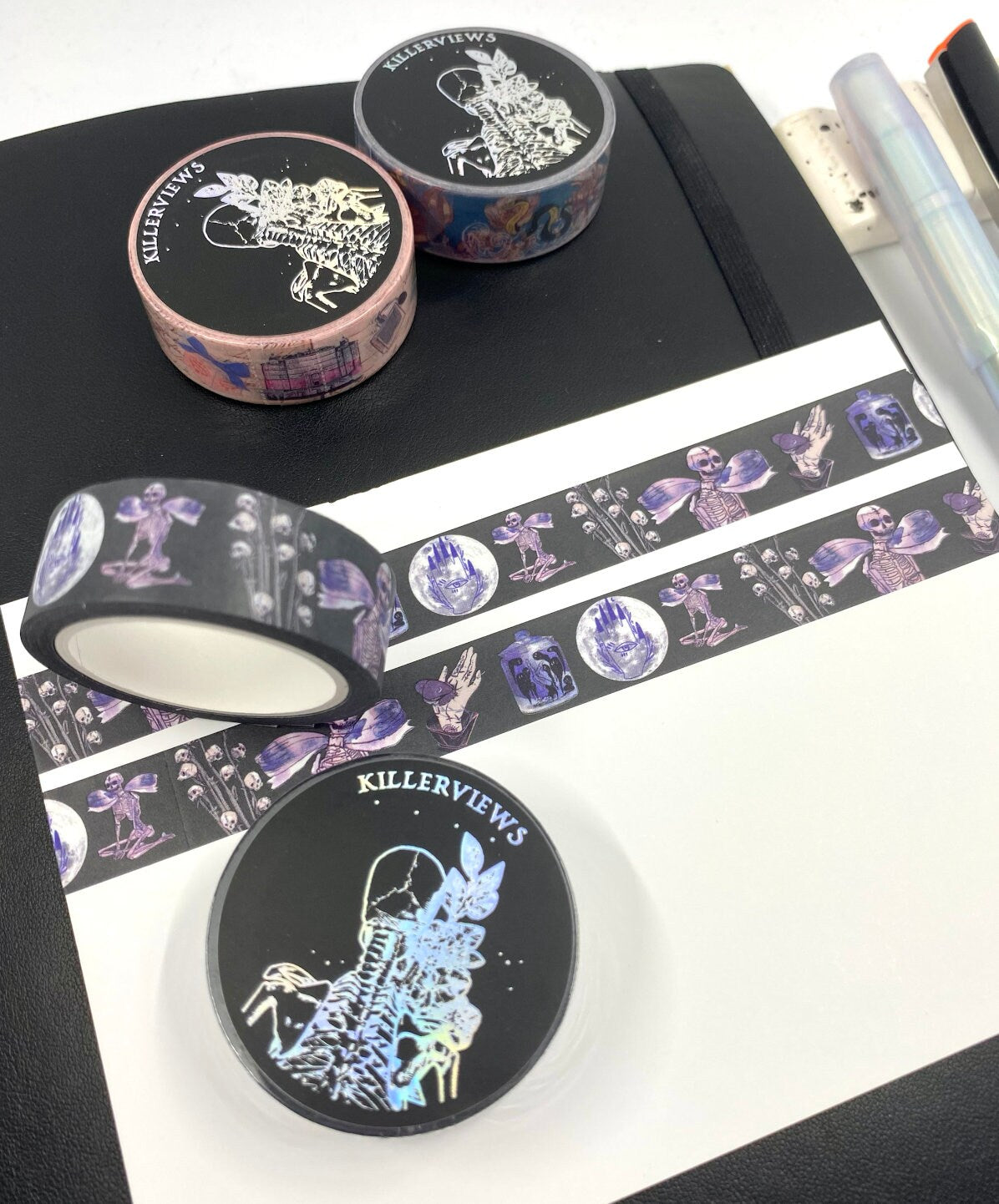 Amethyst witch skeleton design Washi tape in black base colour 15mm