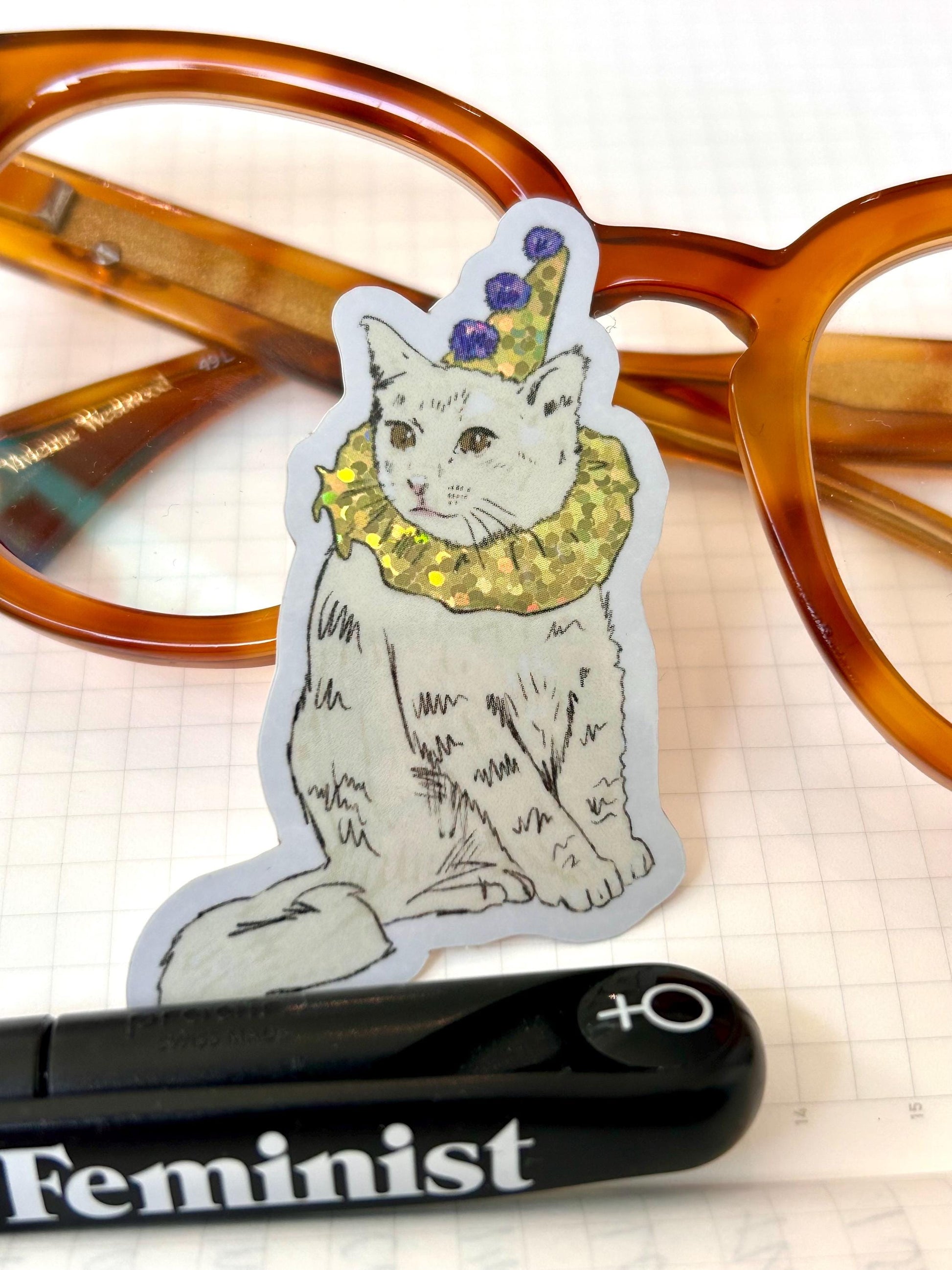 Clown Kitty vinyl sticker pack of 1. With glitter effect vinyl.