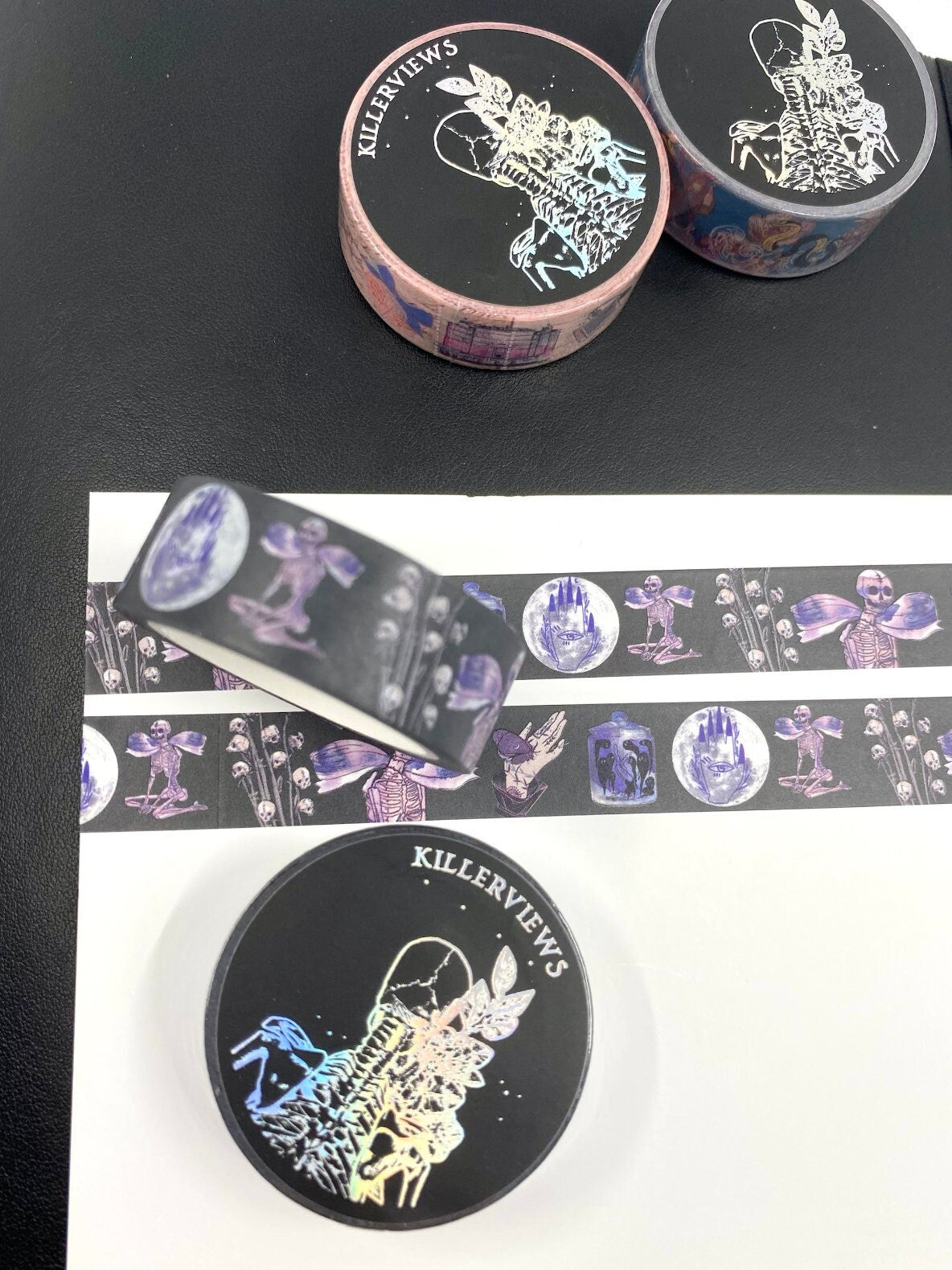 Amethyst witch skeleton design Washi tape in black base colour 15mm
