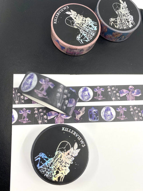 Amethyst witch skeleton design Washi tape in black base colour 15mm