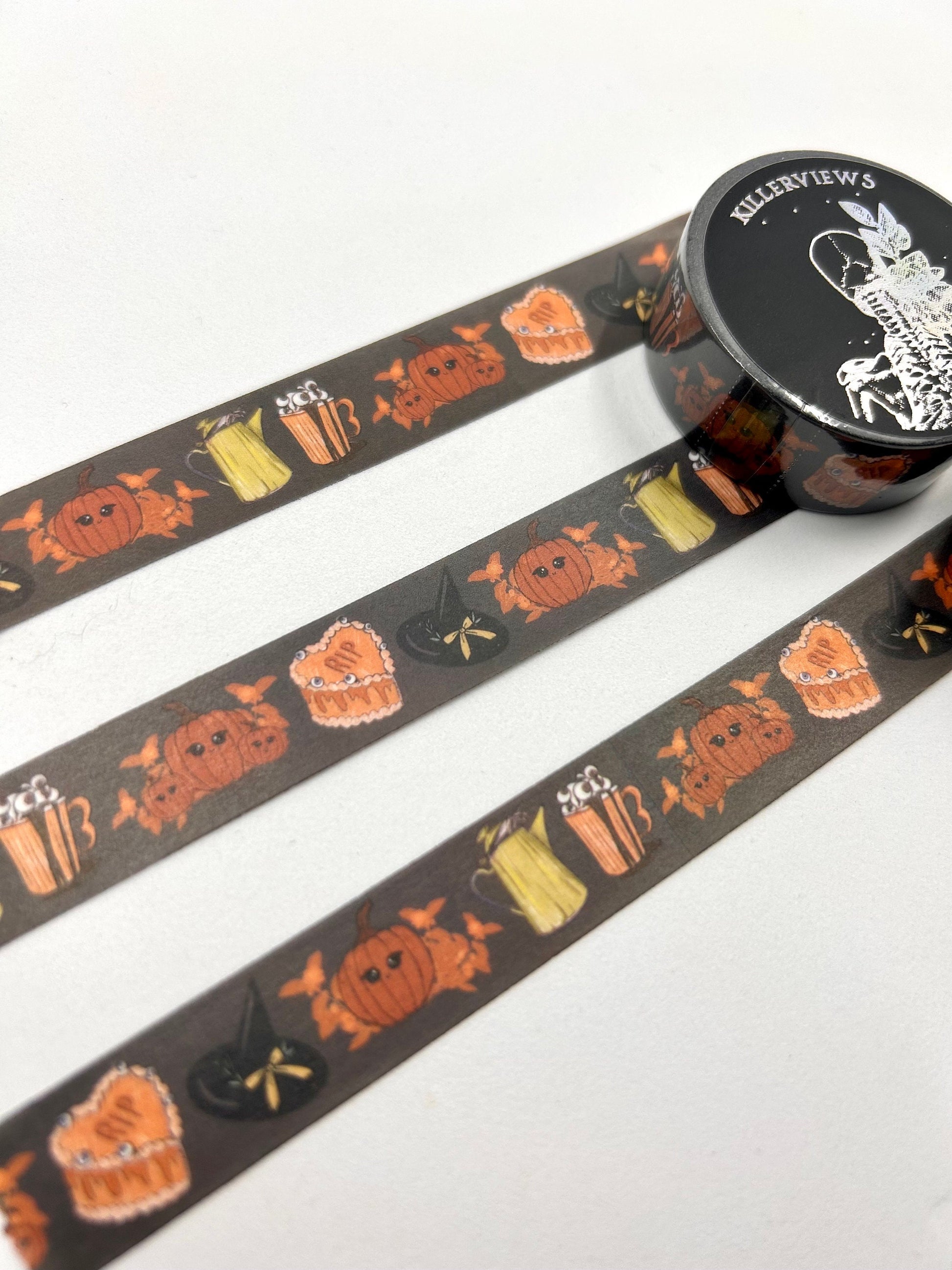 Pumpkin latte design Washi tape in charcoal base colour 15mm Halloween witch