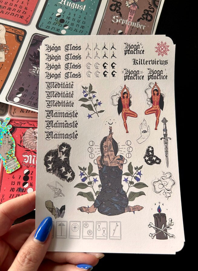 Gothic yoga practice planner inspired sticker sheet for diary journal kit and planner-  rider Waite inspired Wicca
