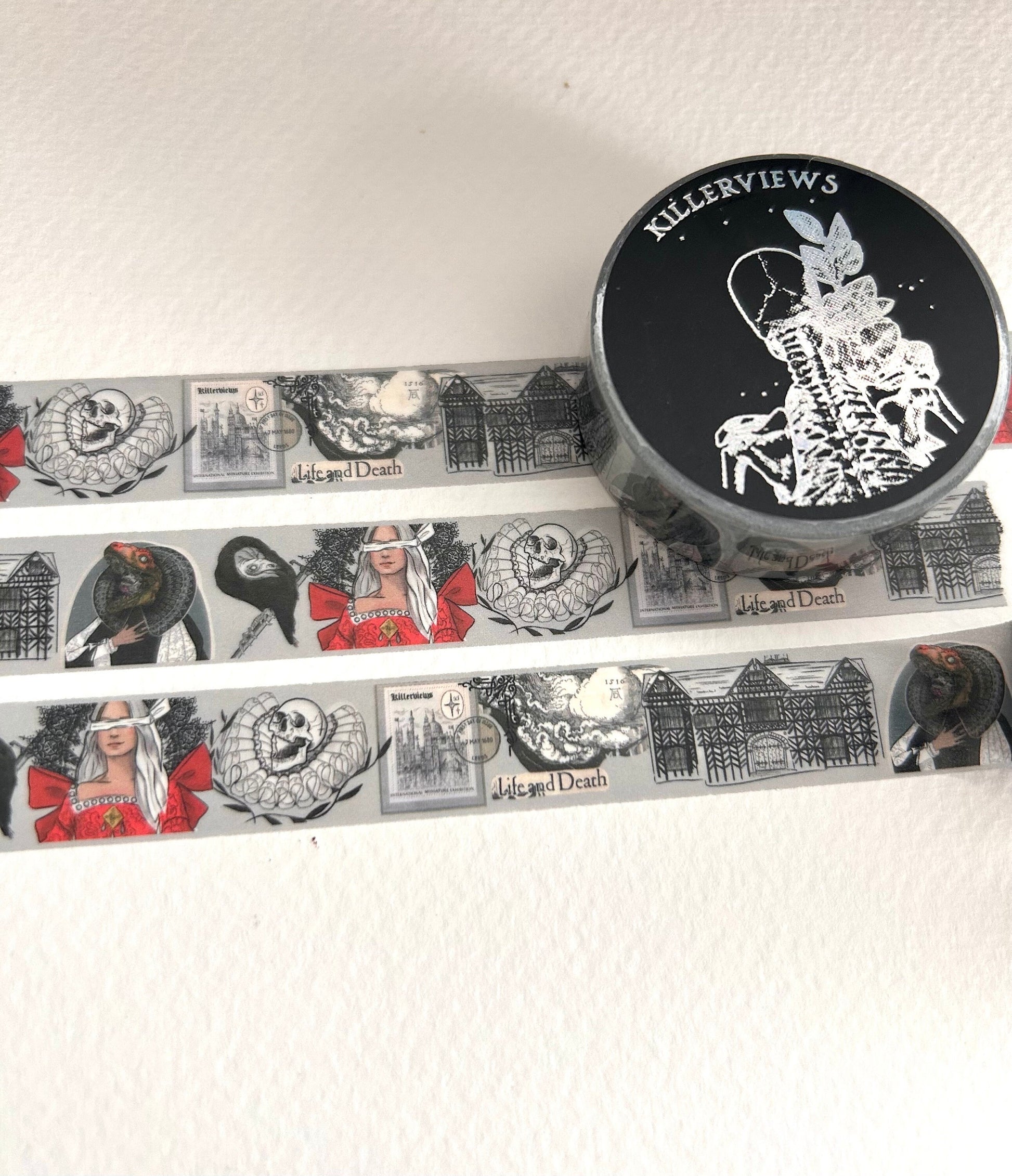 Grey Tudor witch design Washi tape  colour  base colour 15mm