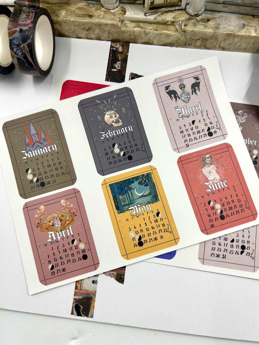 Tarot style 2025 Lunar Calendar month Stickers for journal January 2025 December 25 with moon phases planner bujo celestial