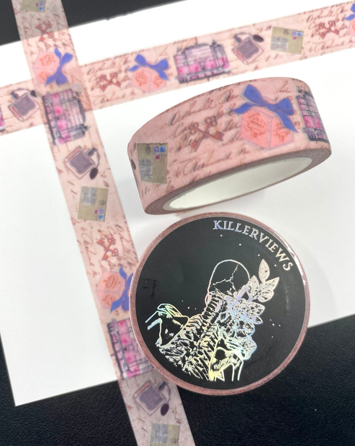 Vintage Ephemera Grand Budapest vintage ephemera design Washi tape in pink base colour 15mm