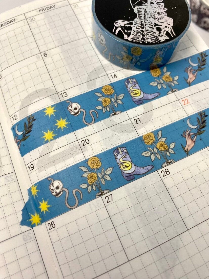 Western cowboy design Washi tape with blue base skulls roses boots