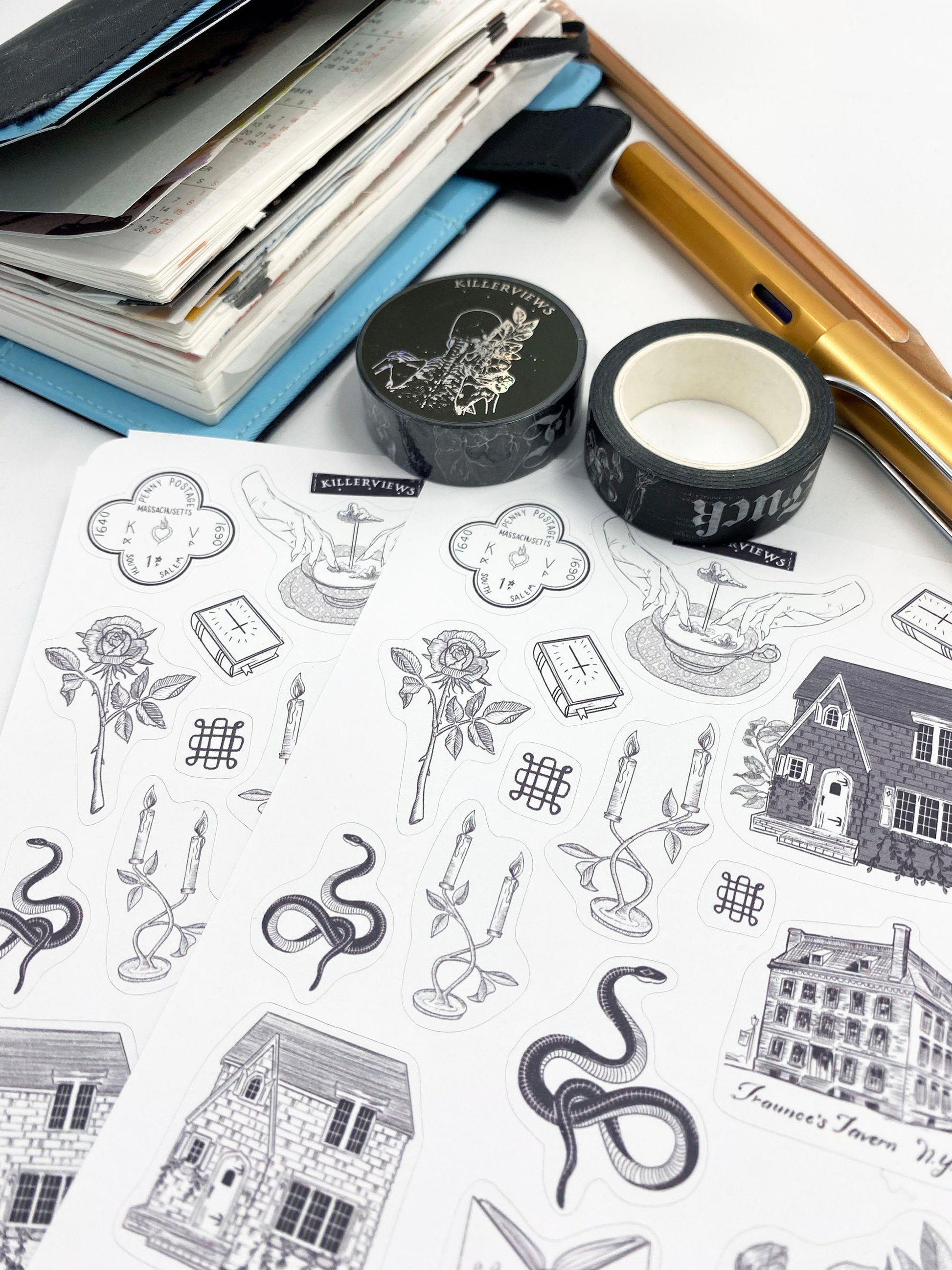 Salem Witch Massachusetts inspired sticker sheet for bullet journal kit and planner-   snakes bones