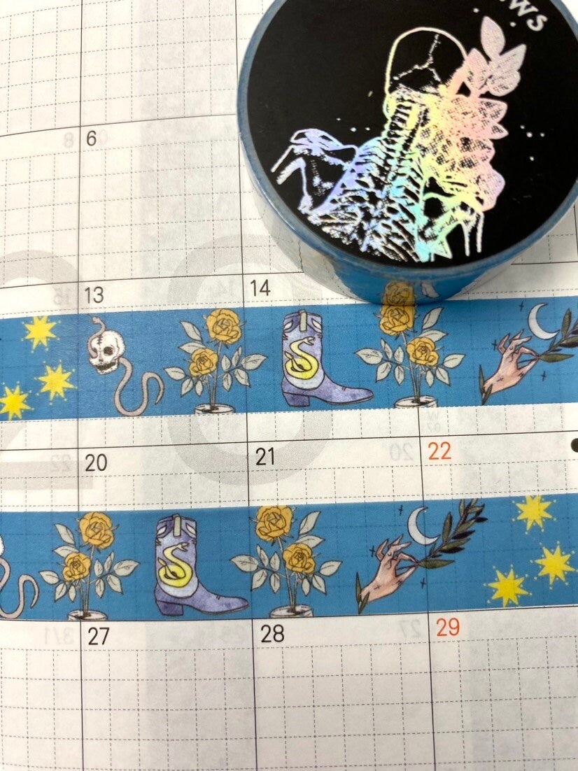 Western cowboy design Washi tape with blue base skulls roses boots