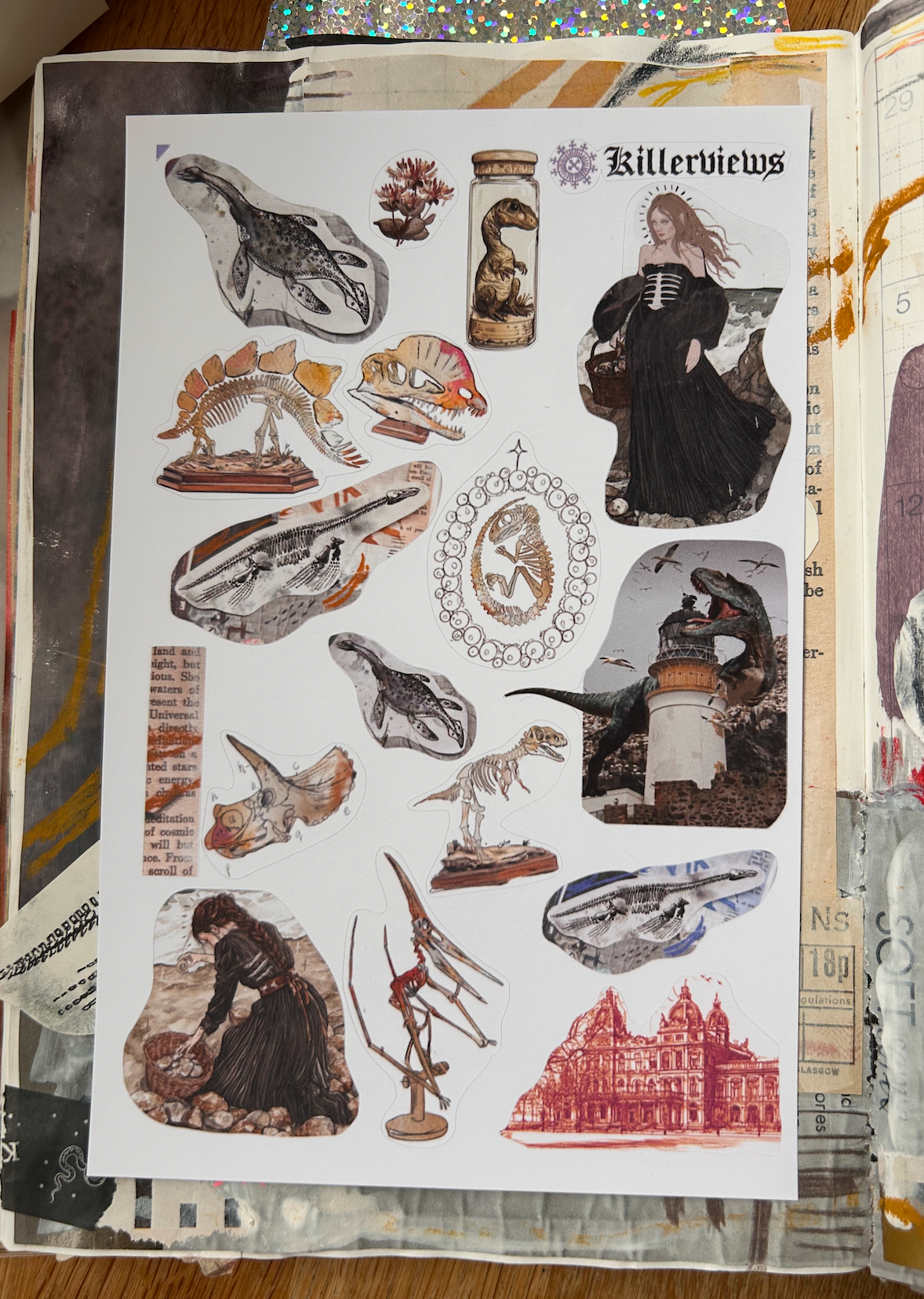 Fossil Witch Sticker Sheet – Dinosaurs, Dark Academia & Gothic Curiosity