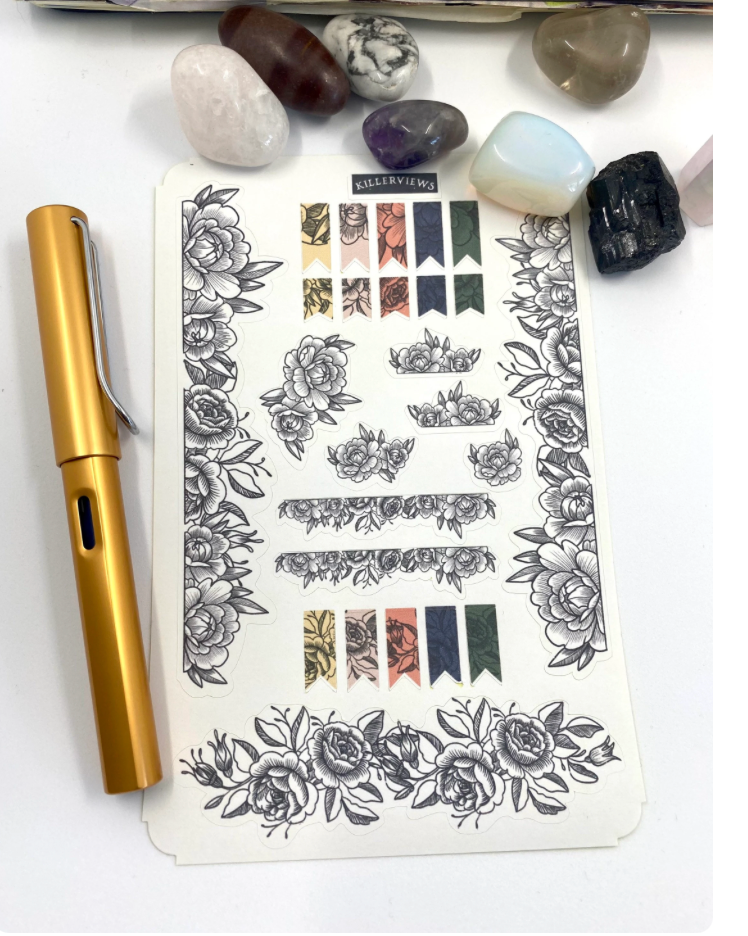 Gothic floral boarder Planner sticker sheet for bullet journal kit and planner- with writing vintage witchcraft celestial