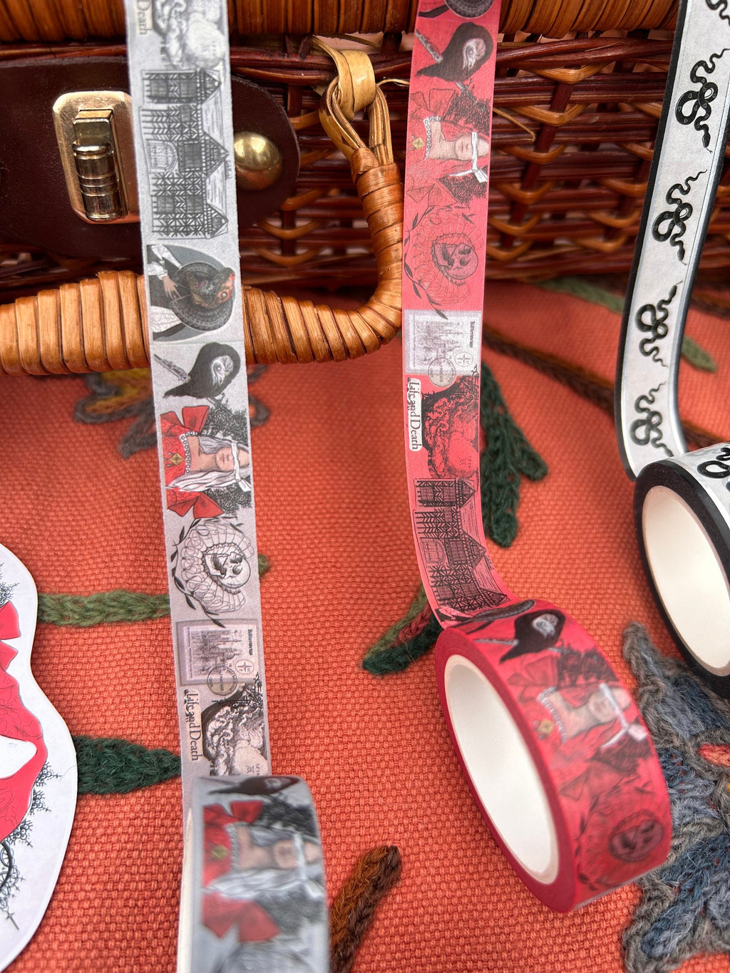 Red Tudor witch design Washi tape  colour  base colour 15mm