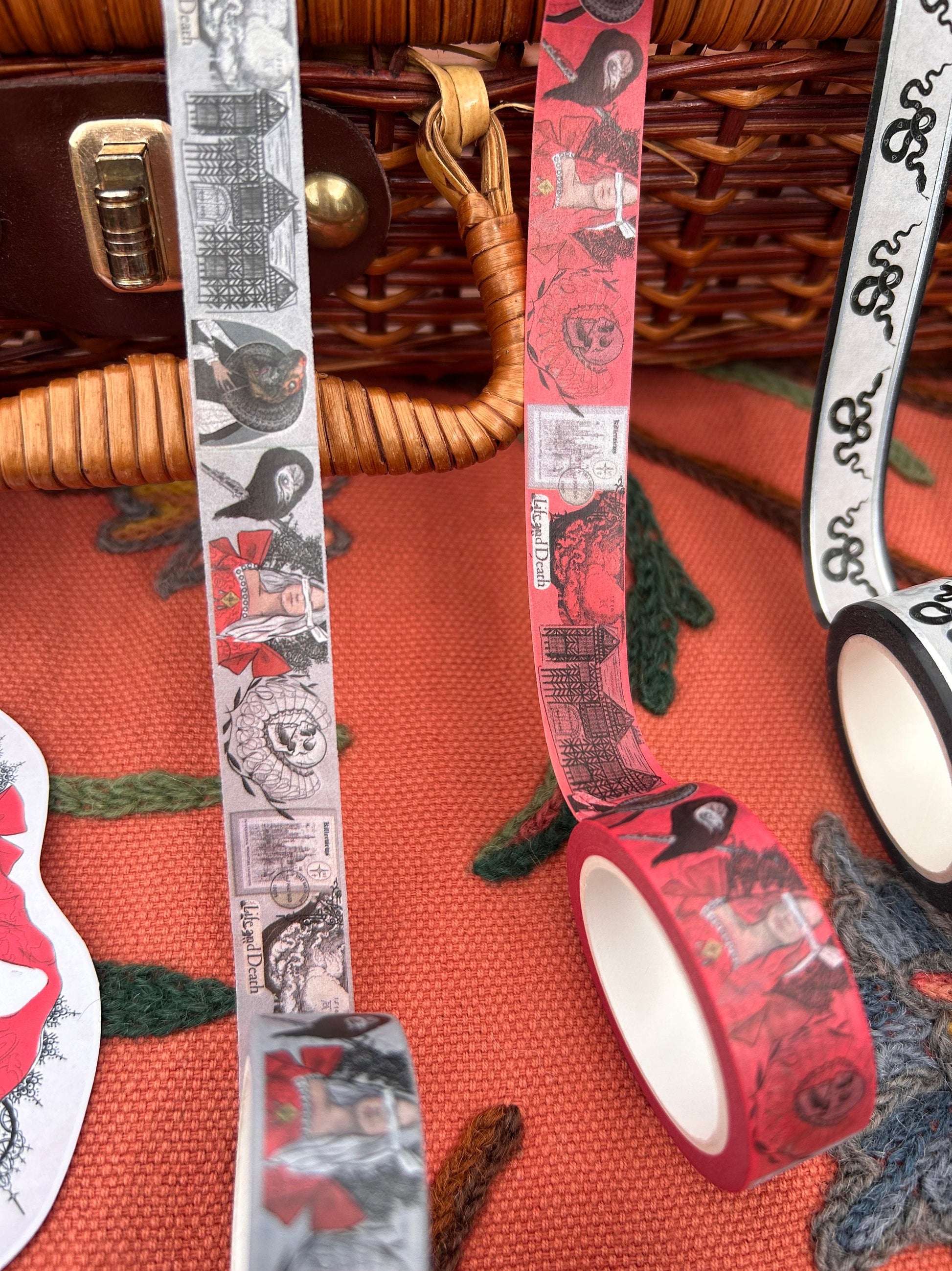 Red Tudor witch design Washi tape  colour  base colour 15mm