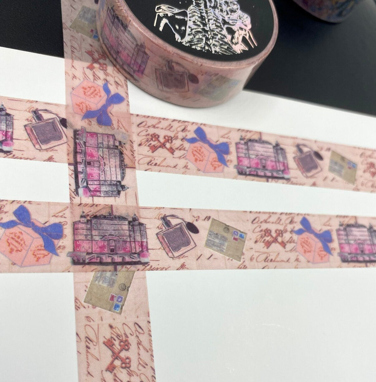 Vintage Ephemera Grand Budapest vintage ephemera design Washi tape in pink base colour 15mm