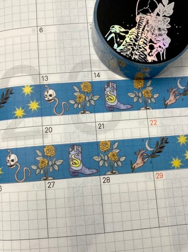 Western cowboy design Washi tape with blue base skulls roses boots