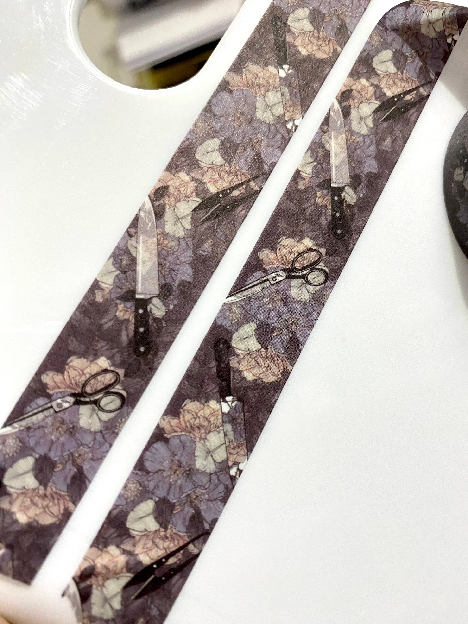Scissors and knife floral design Washi tape in navy base colour 15mm