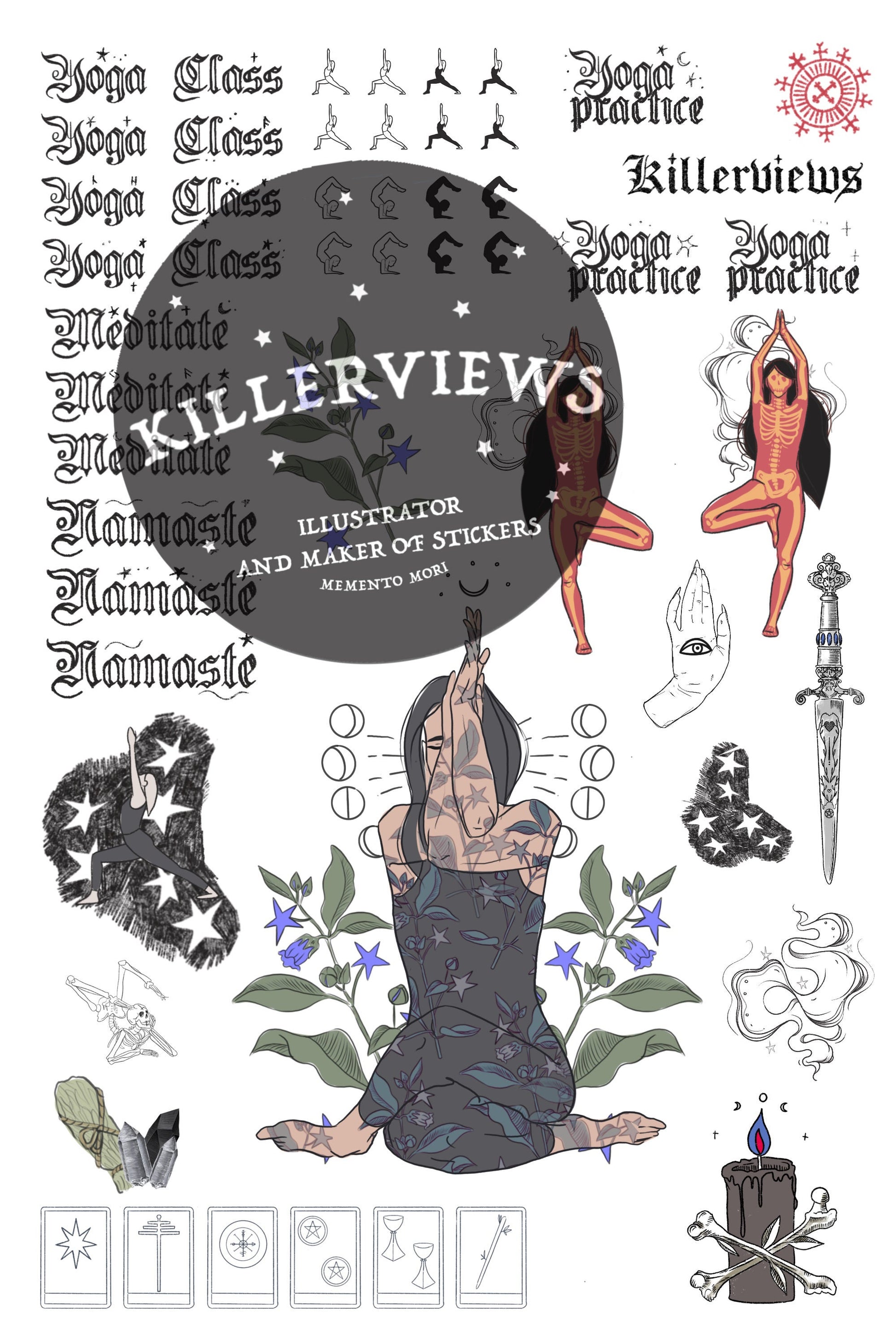 Gothic yoga practice planner inspired sticker sheet for diary journal kit and planner-  rider Waite inspired Wicca