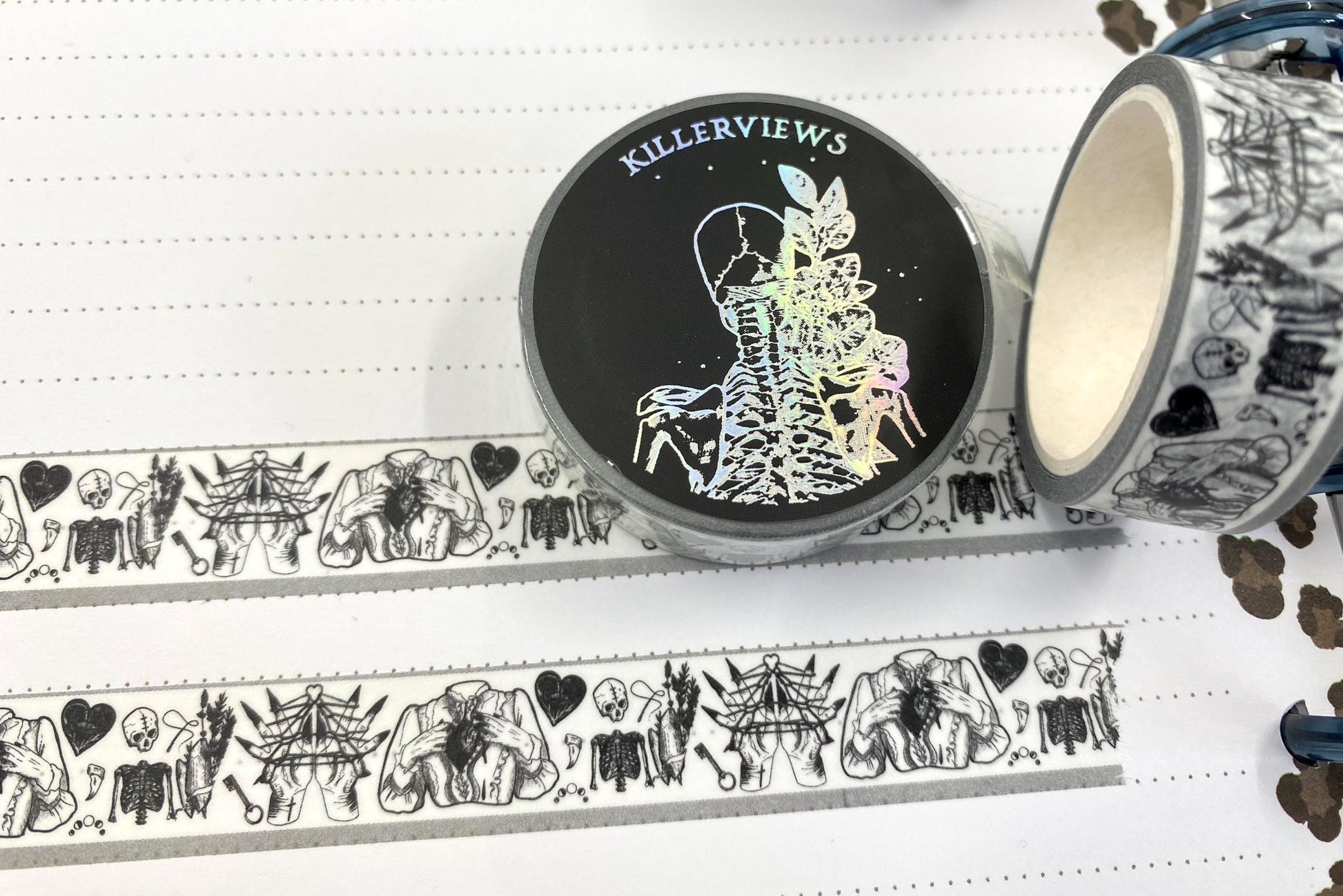 White witch skulls sketch design Washi tape black heart skulls white base colour 15mm