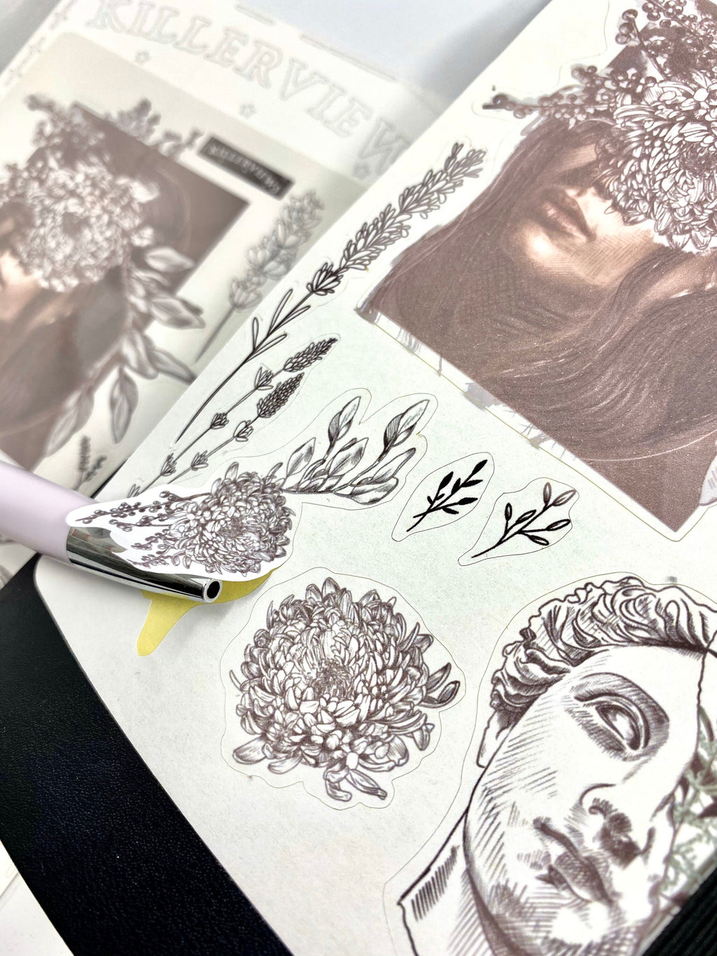 Monochrome floral flash sticker sheet for bullet journal kit and planner- art sculpture flowers clean theme