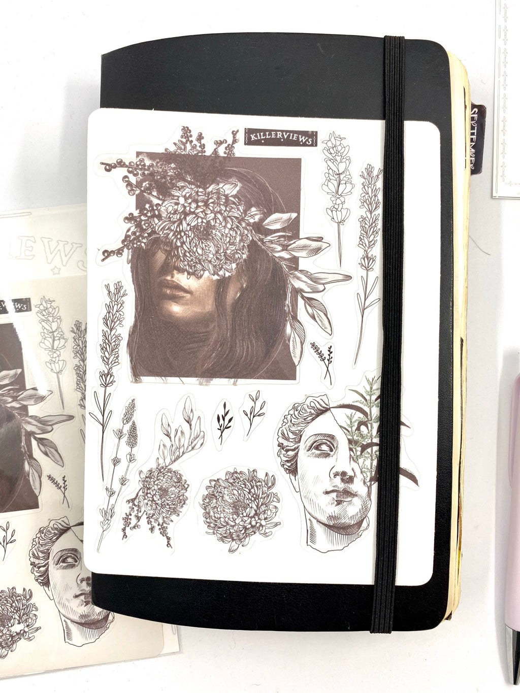 Monochrome floral flash sticker sheet for bullet journal kit and planner- art sculpture flowers clean theme