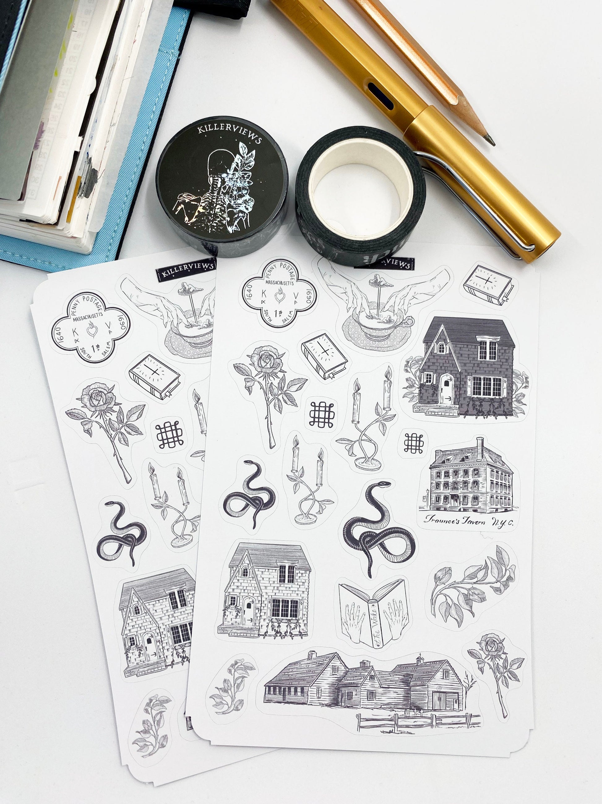 Salem Witch Massachusetts inspired sticker sheet for bullet journal kit and planner-   snakes bones