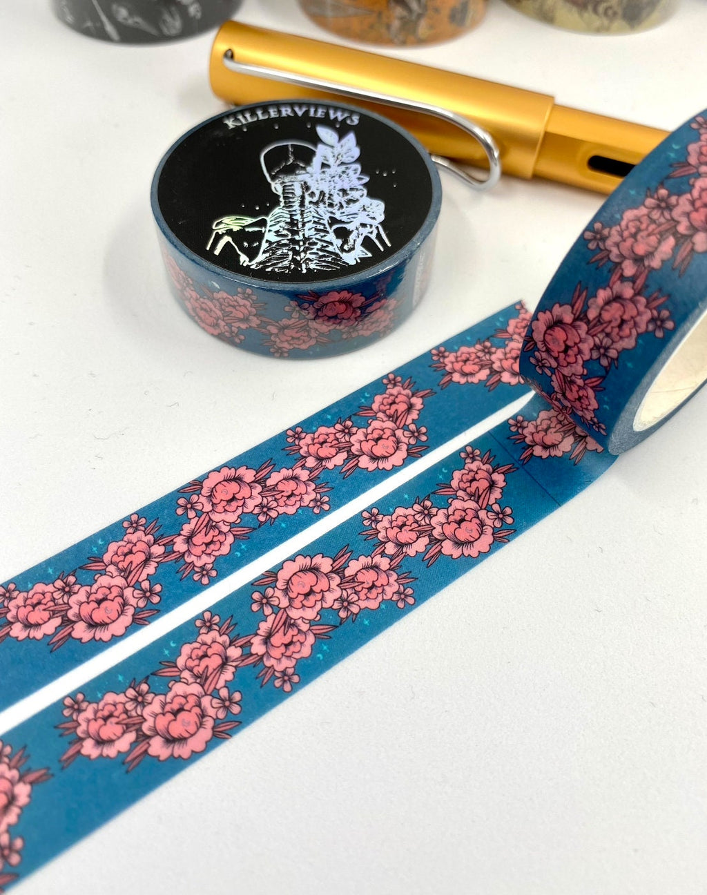Floral celestial design pink flowers and blue base colour 15mm